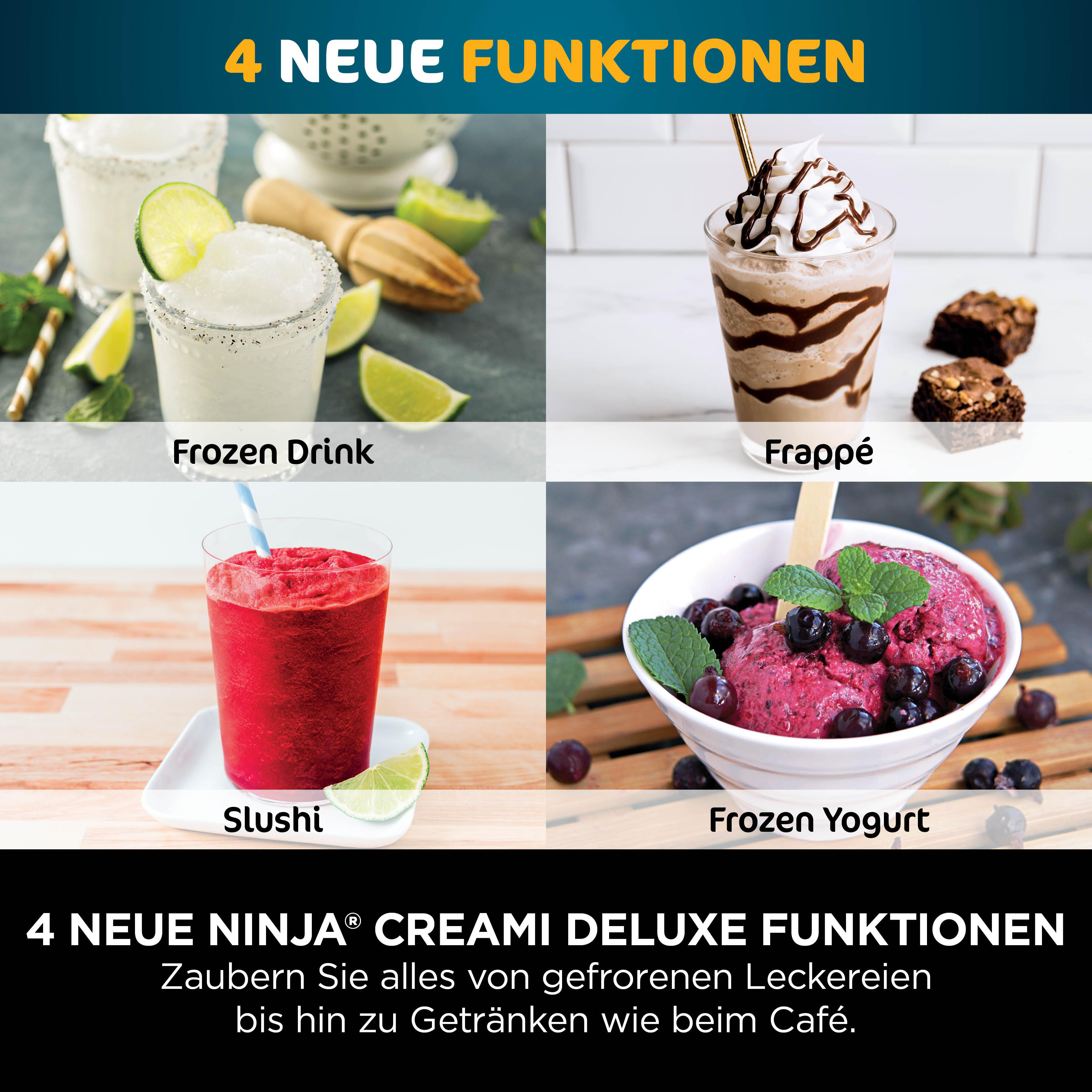 Das Bild zeigt vier gefrorene Getränke: Frozen Drink, Frappé, Slushie und Frozen Yogurt. Text: 4 neue Ninja Creami Deluxe Funktionen.