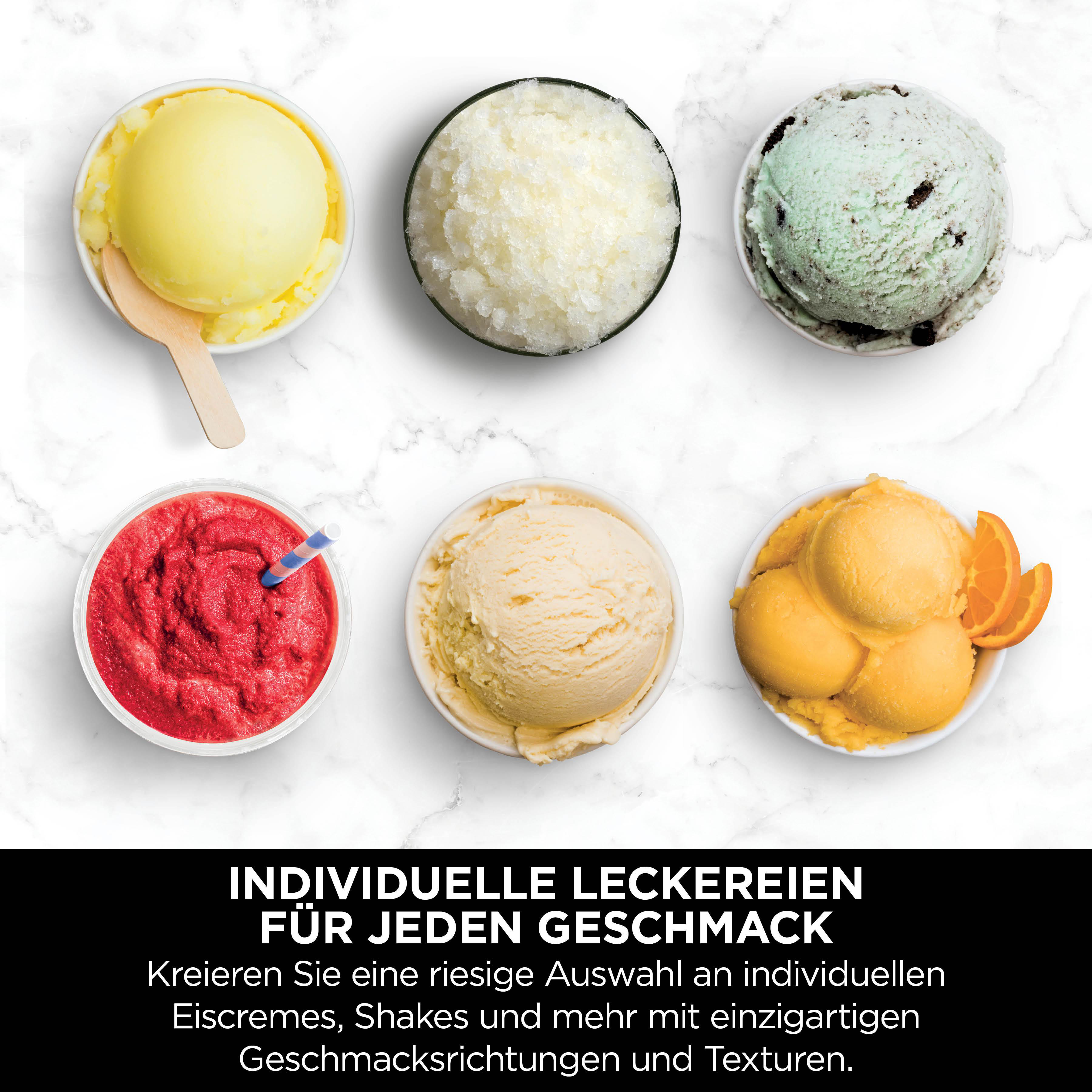 Sechs Eiscreme-Schalen mit verschiedenen Geschmacksrichtungen auf Marmoroberfläche. Text unten: 'Individuelle Köstlichkeiten für jeden Geschmack'.