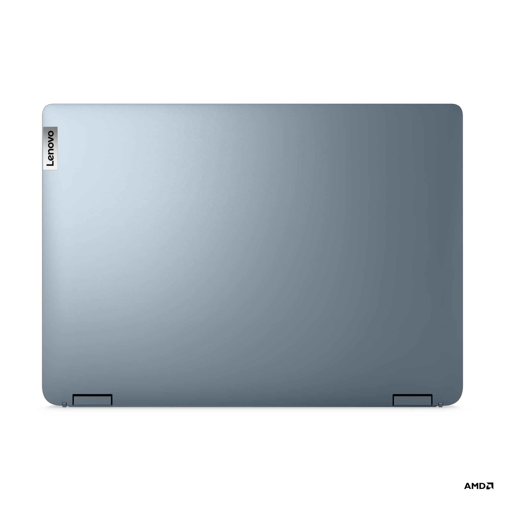 Bir Lenovo dizüstü bilgisayarının üstten görünümü. Dizüstü bilgisayar gri renkte ve sol üst köşede Lenovo logosu var.
