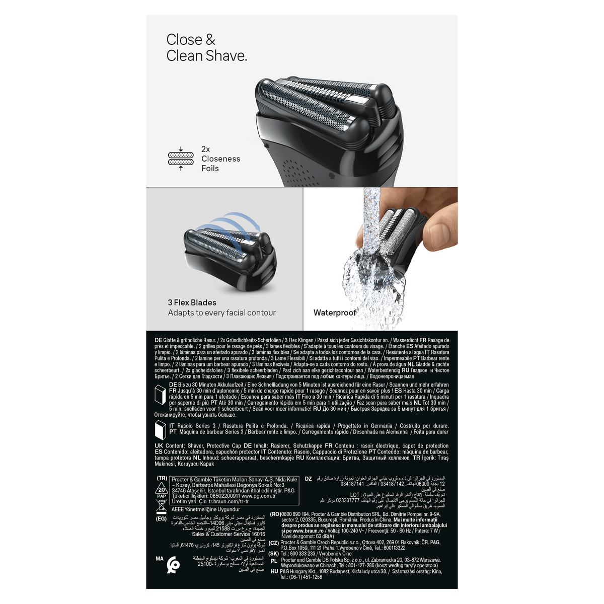 Afeitadora eléctrica negra con tres cuchillas, gotas de agua y texto 'Close & Clean Shave'.