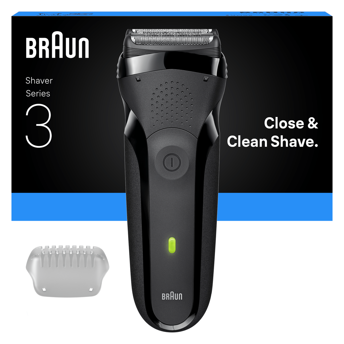 Una afeitadora negra Braun Series 3 con una tapa protectora, la caja dice 'Close & Clean Shave'. La marca Braun es visible.