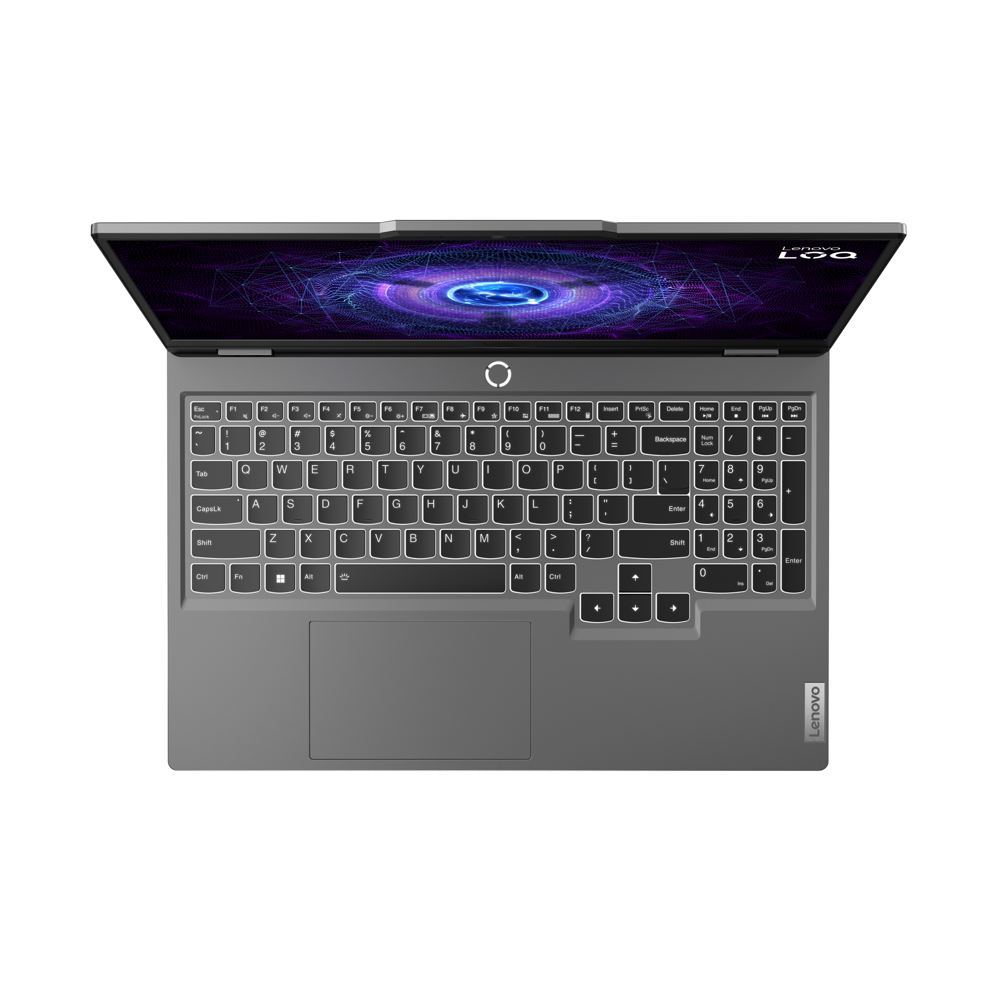 Bir Lenovo dizüstü bilgisayarı açık. Ekran dijital bir tasarım gösteriyor. Klavye görünür durumda. İzleme dörtgeni klavyenin altında.