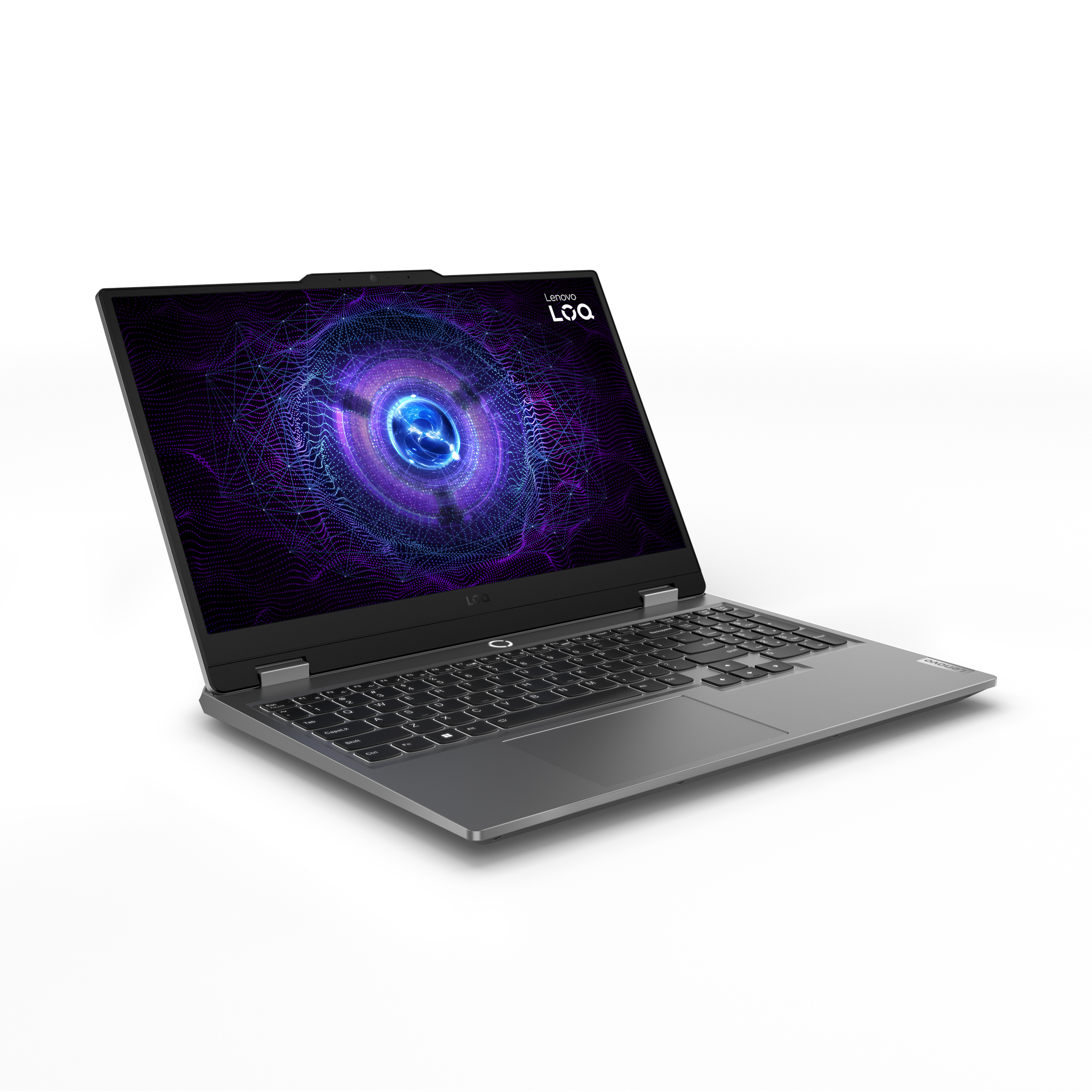 Gri bir Lenovo dizüstü bilgisayar açık, mor ve mavi soyut bir tasarım sergiliyor. Arka plan siyah.