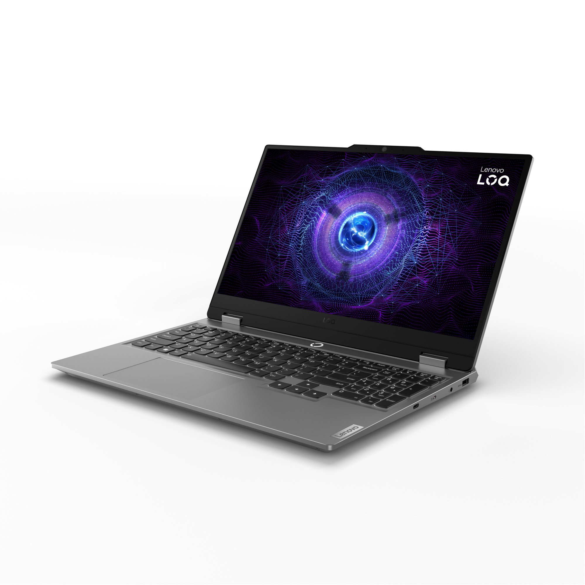 Bir Lenovo LOQ dizüstü bilgisayar açık, ekranda mor ve mavi soyut bir tasarım gösteriyor. Klavye görünür durumda.