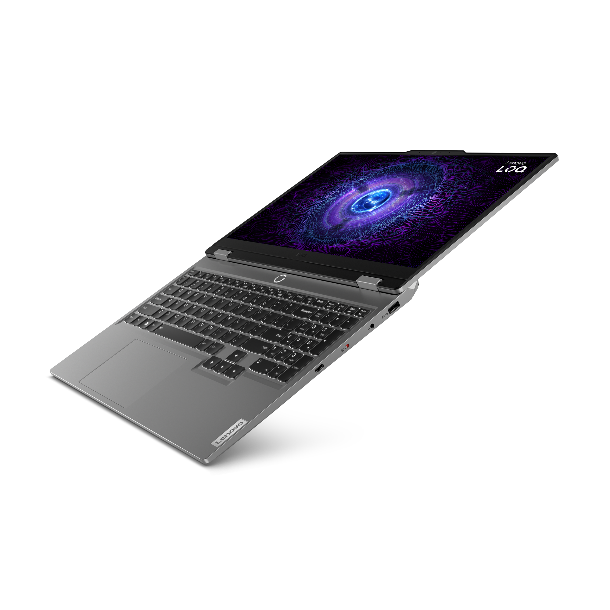 Gümüş renkli bir Lenovo dizüstü bilgisayar açık, renkli bir ekran gösteriyor. Klavye görünür. Dizüstü bilgisayar sağa doğru açılı.