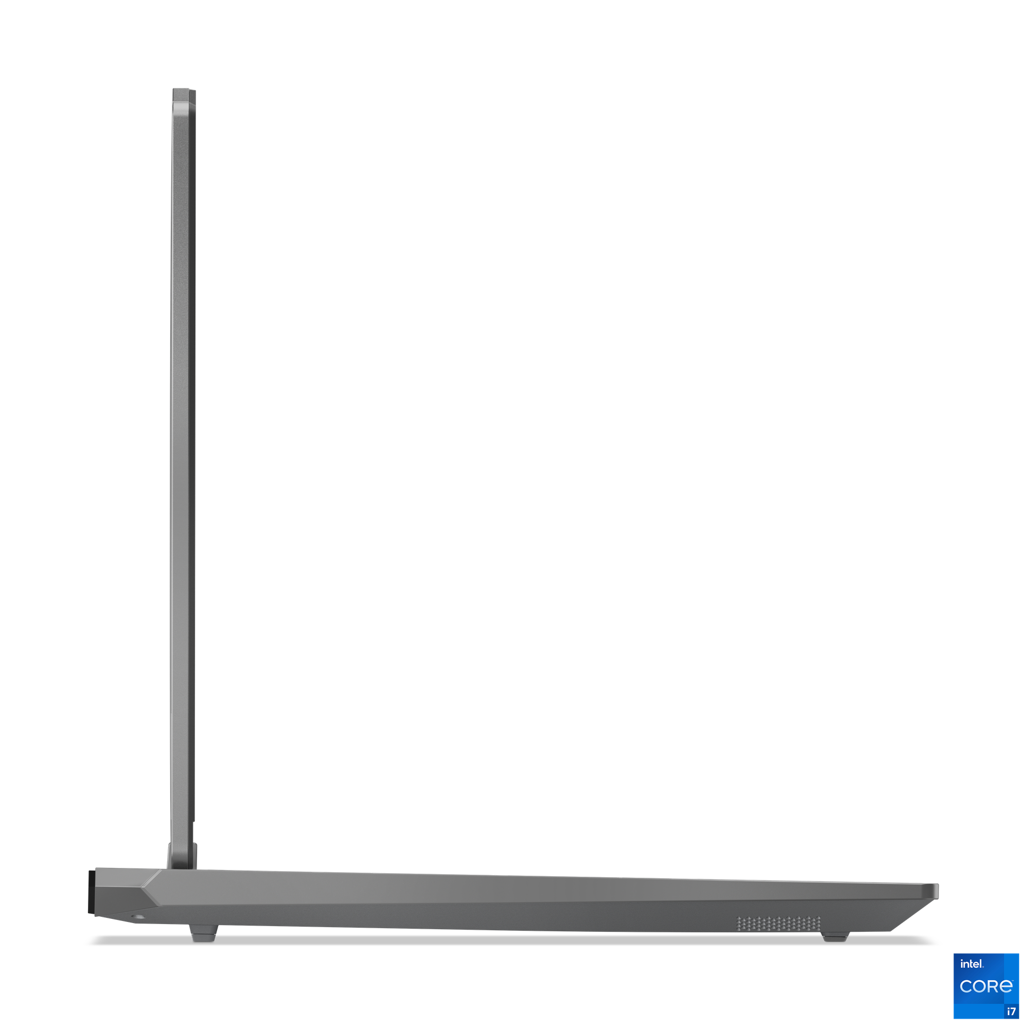 Siyah zemin üzerinde gri bir dizüstü bilgisayarın yan görünümü. Ekran ince ve tabanında hoparlör var. Intel Core i7 etiketi.