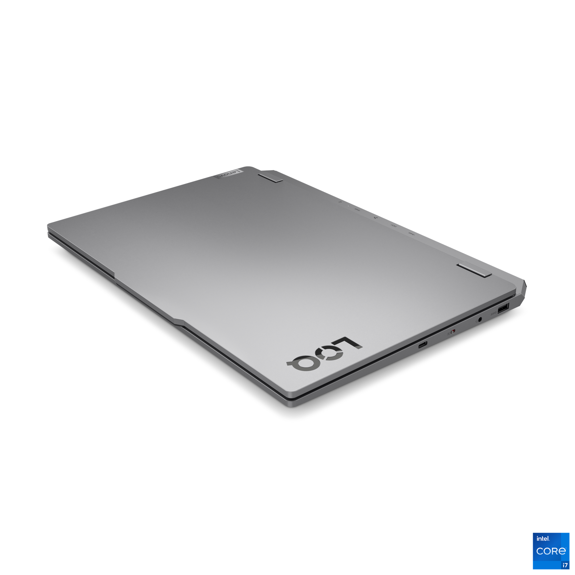 Siyah arka planda gümüş dizüstü bilgisayar. Lenovo logosu görünür. Sağ altta Intel Core i7 etiketi.