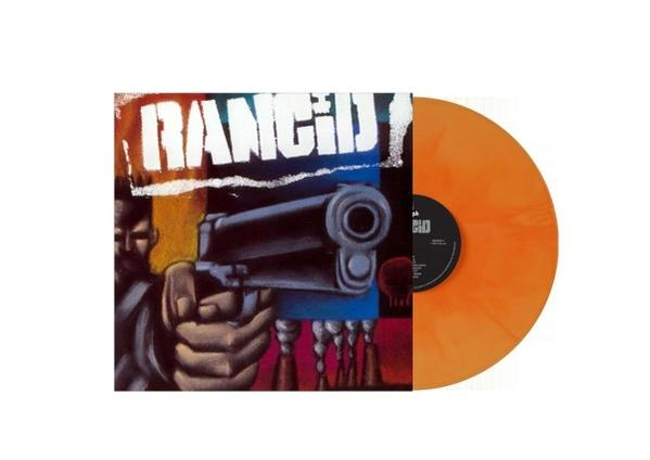 Albumcover mit dem Wort 'Rancid' und einer Pistole. Auf der rechten Seite befindet sich eine orangefarbene Schallplatte.