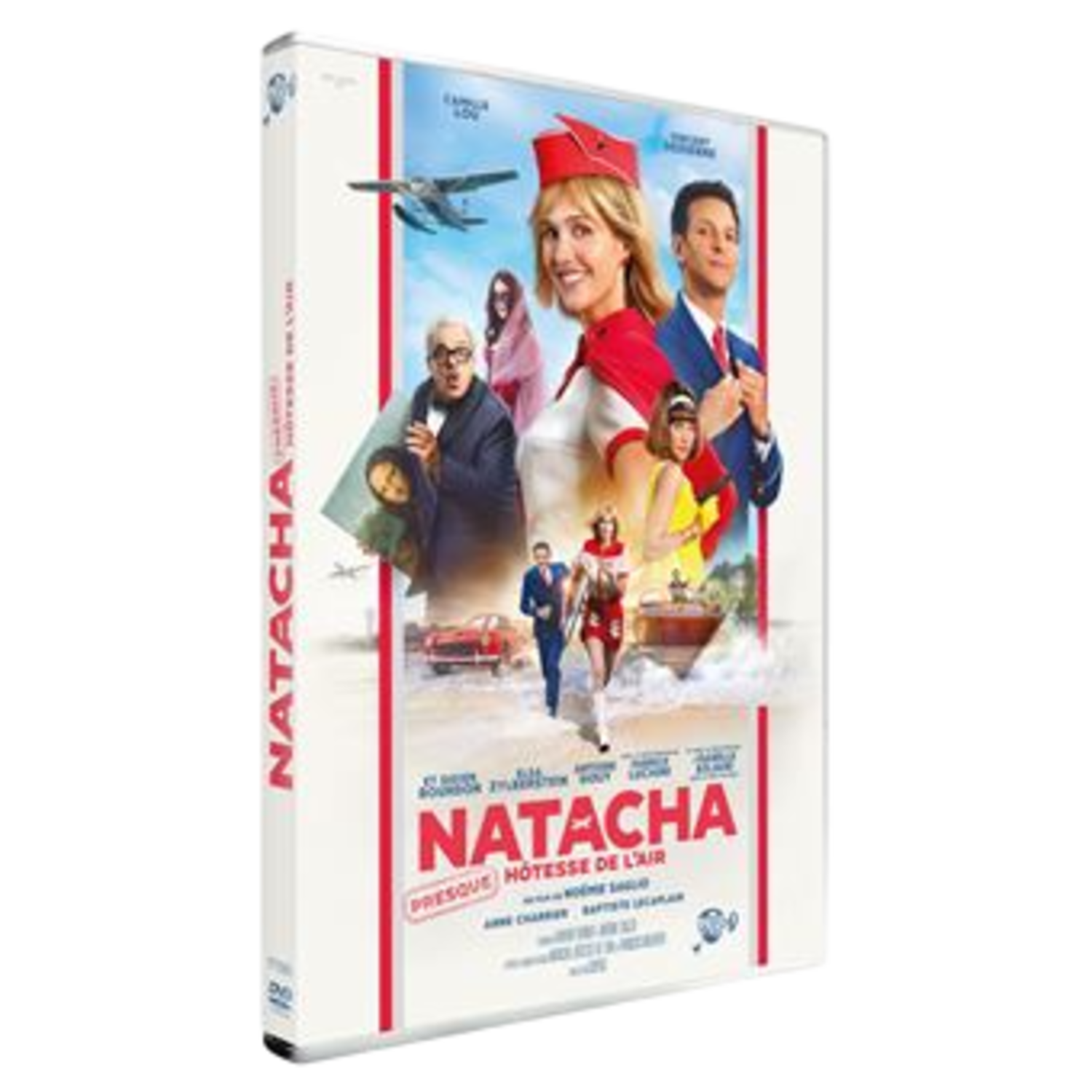 DVD-hoes van 'Natacha, Hotesse de l'air'. Toont acteurs, een vliegtuig, een auto en de titel in het rood. De achtergrond is lichtblauw.