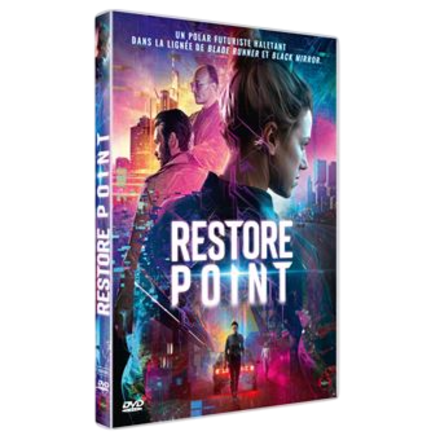 DVD-hoes voor "Restore Point" met een futuristisch stadslandschap en karakterportretten. Tekst bevat de titel en een slogan.