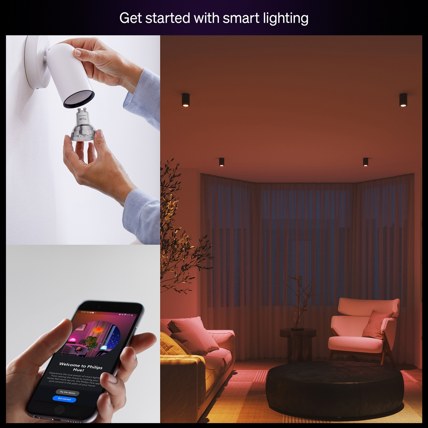Image shows hands installing a lightbulb, a phone with an app, and a room with smart lighting, sofa, chair, and a round table.