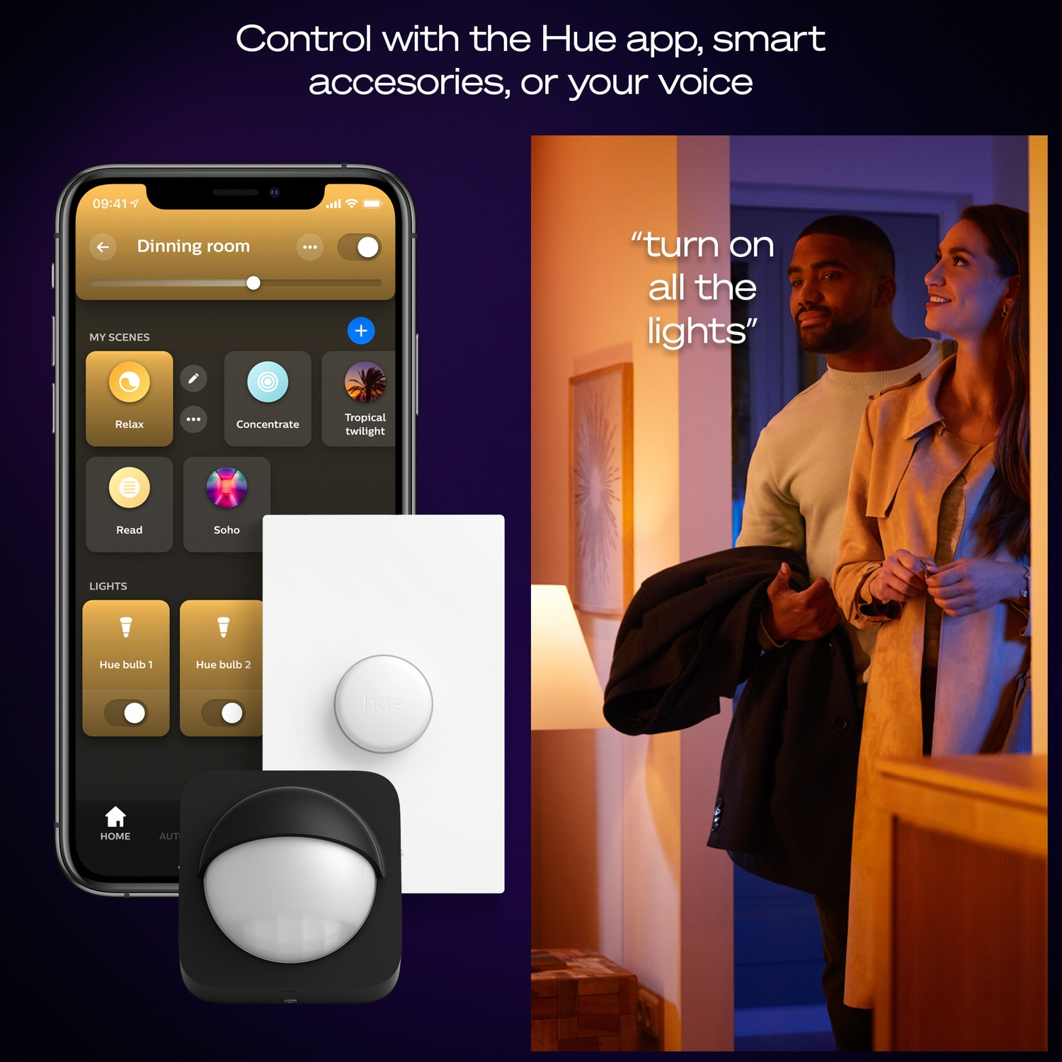 Image shows a phone with an app, a smart switch, a motion sensor, and a couple standing by a door.