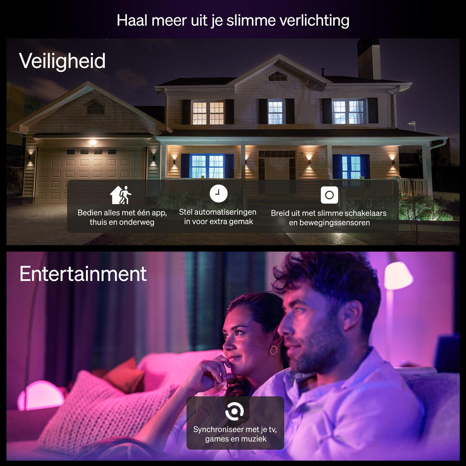Afbeelding toont een huis 's nachts en een stel dat tv kijkt. Het huis heeft slimme verlichting. De tekst omvat beveiliging en entertainment.