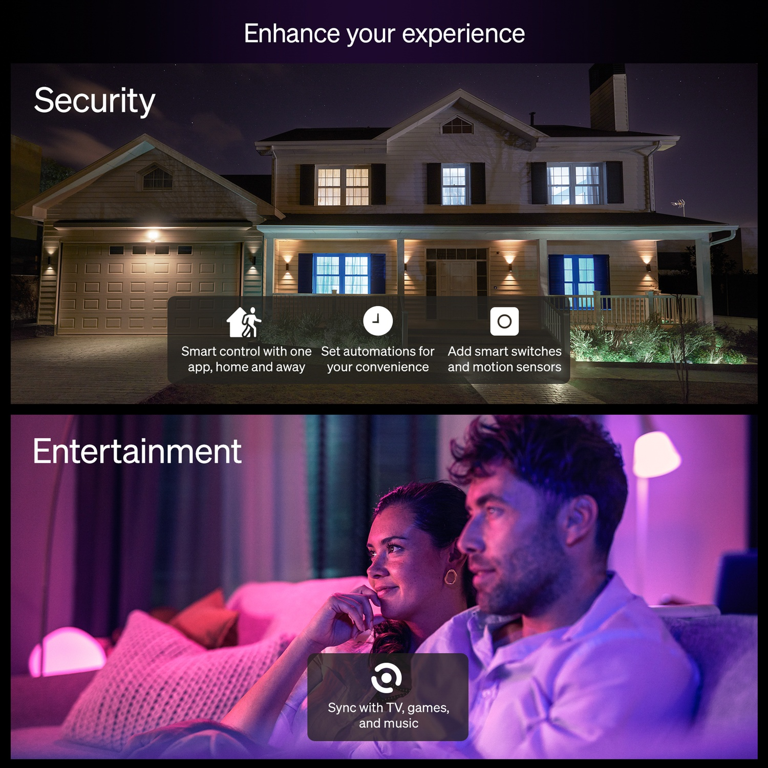 Afbeelding toont huisbeveiliging en entertainment. Het toont een huis 's nachts en een stel dat tv kijkt. Tekst benadrukt slimme functies.