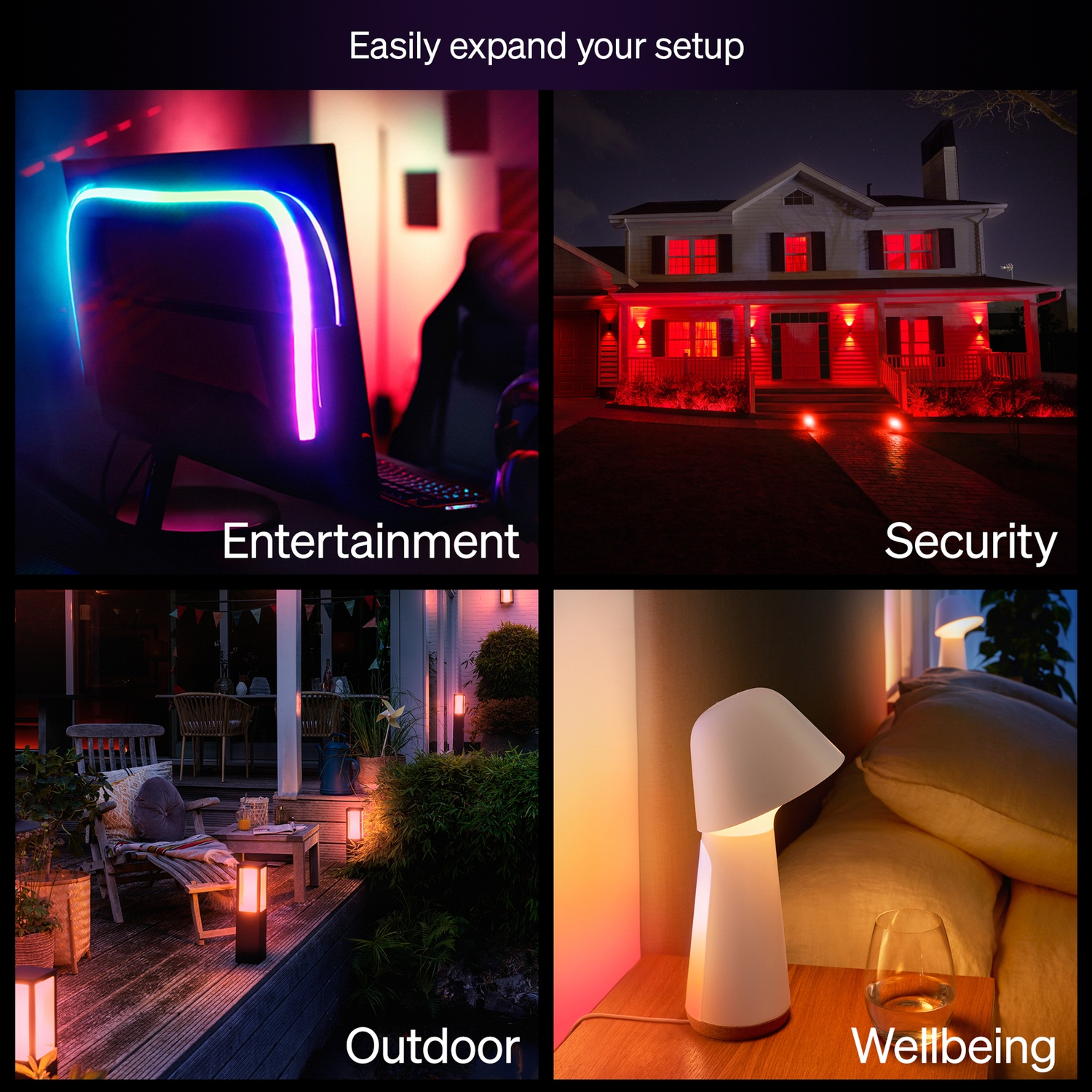 Vier afbeeldingen: Entertainment met verlichte monitor, Veiligheid met rood verlicht huis, Buiten met lichten en Welzijn met lamp en glas.