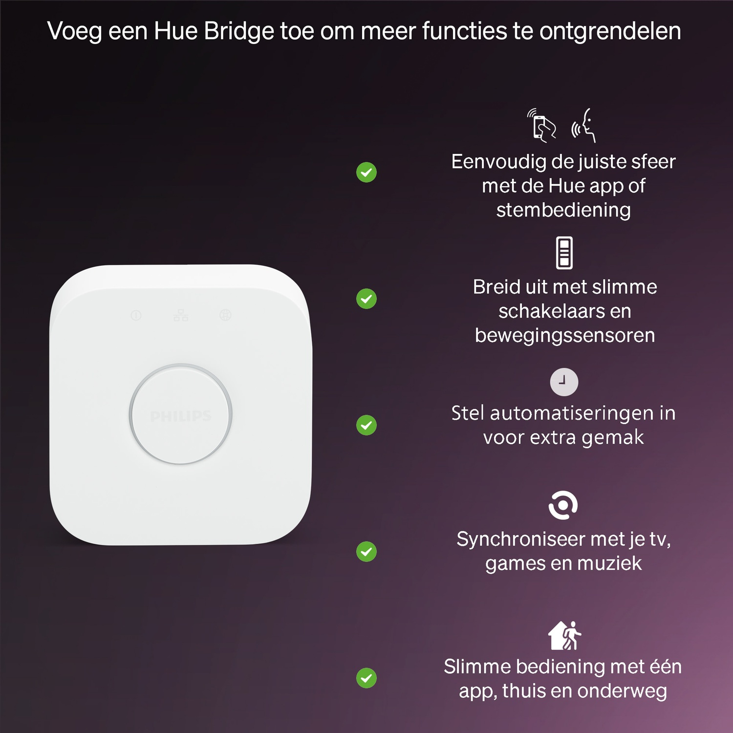 Un pont Philips Hue blanc avec un fond violet foncé. Le texte et les icônes mettent en évidence les fonctionnalités domotiques.