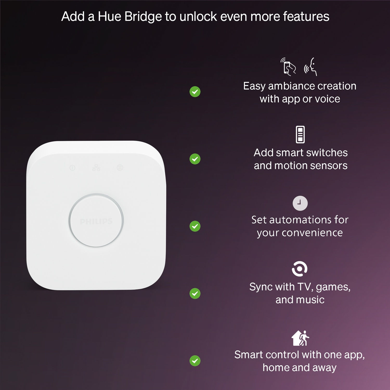 Un pont Philips Hue blanc sur fond violet, avec des fonctionnalités telles que le contrôle par application, les interrupteurs intelligents et la domotique.