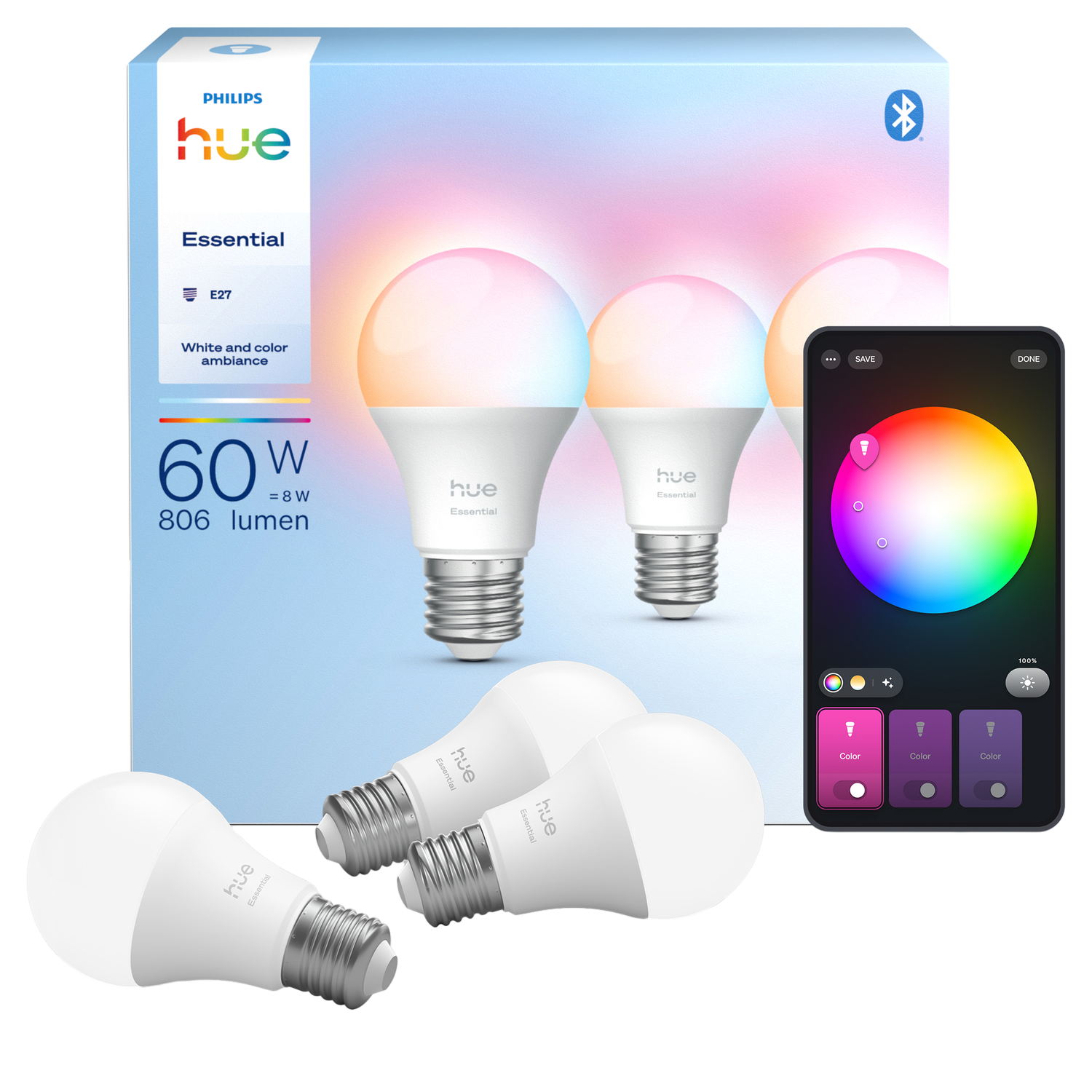 Philips Hue Essential light bulbs in a box with a smartphone displaying color options. Several bulbs are visible.