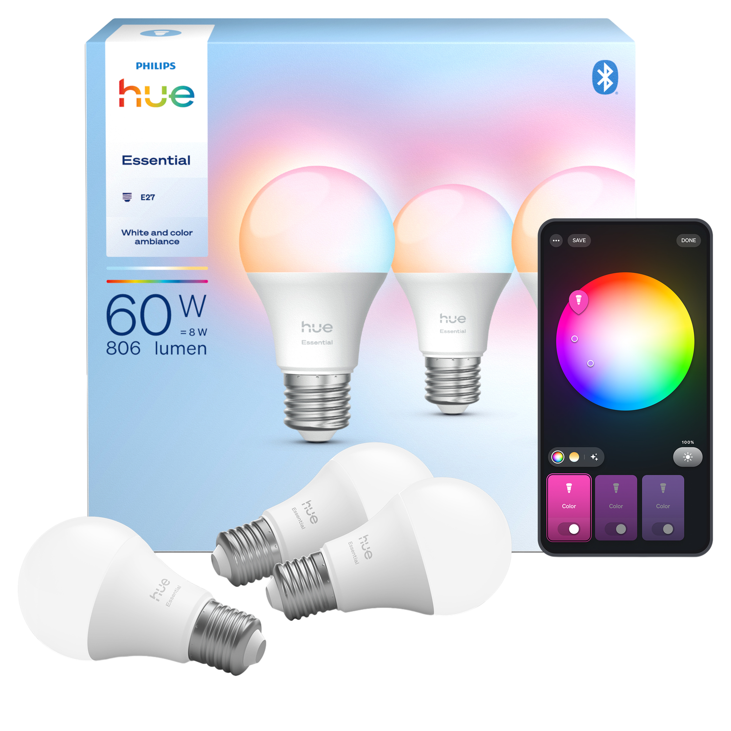 Philips Hue Essential White and Color Ambiance - E27 - 3 Pack - Wit