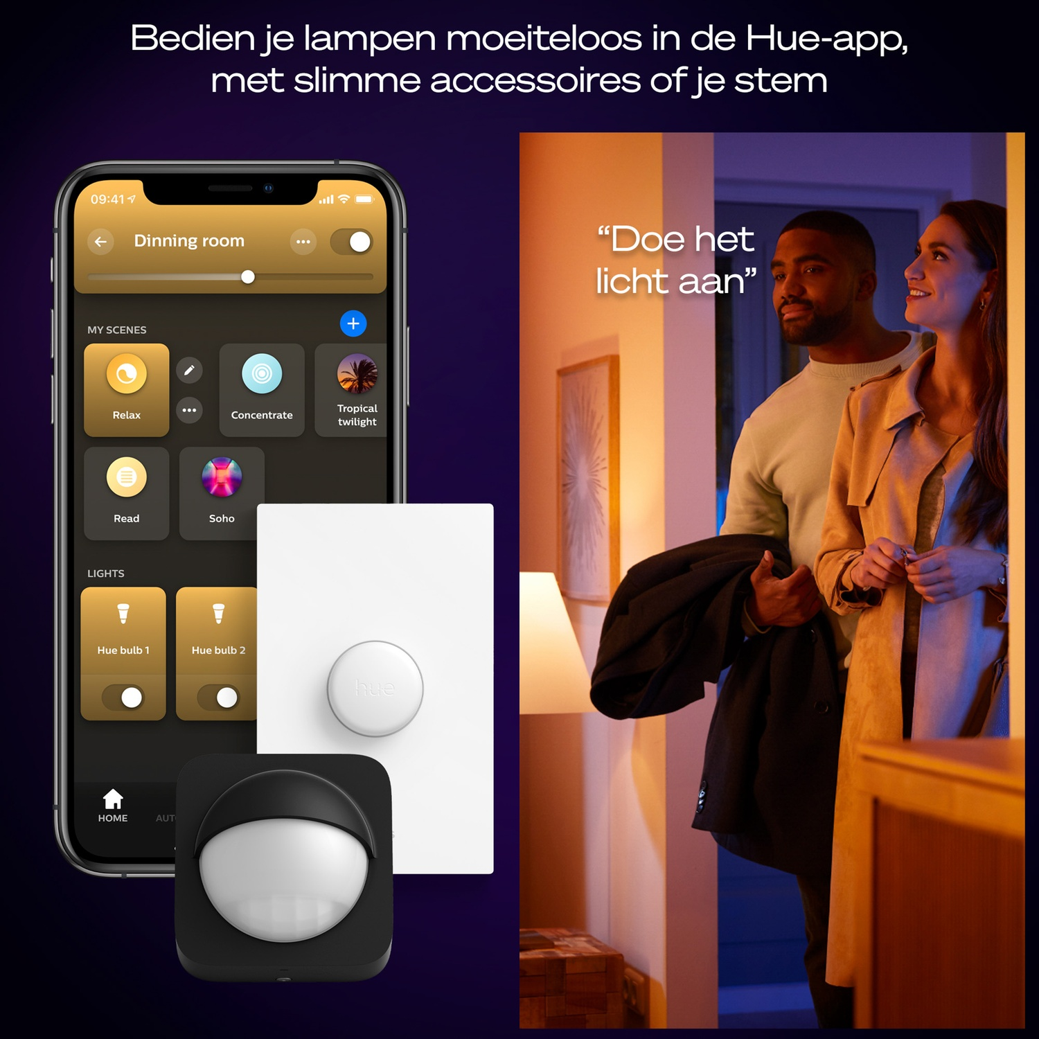 A man and woman stand in a doorway. The scene includes a phone, a wall switch, a motion sensor, and text that says 'Turn on the light'.