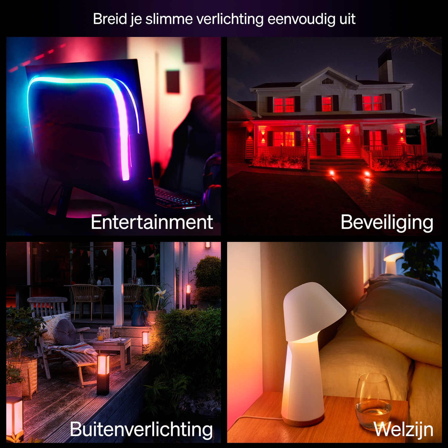 Image shows four scenes: gaming setup with colorful lights, house illuminated in red, garden with lights, lamp on bedside table.