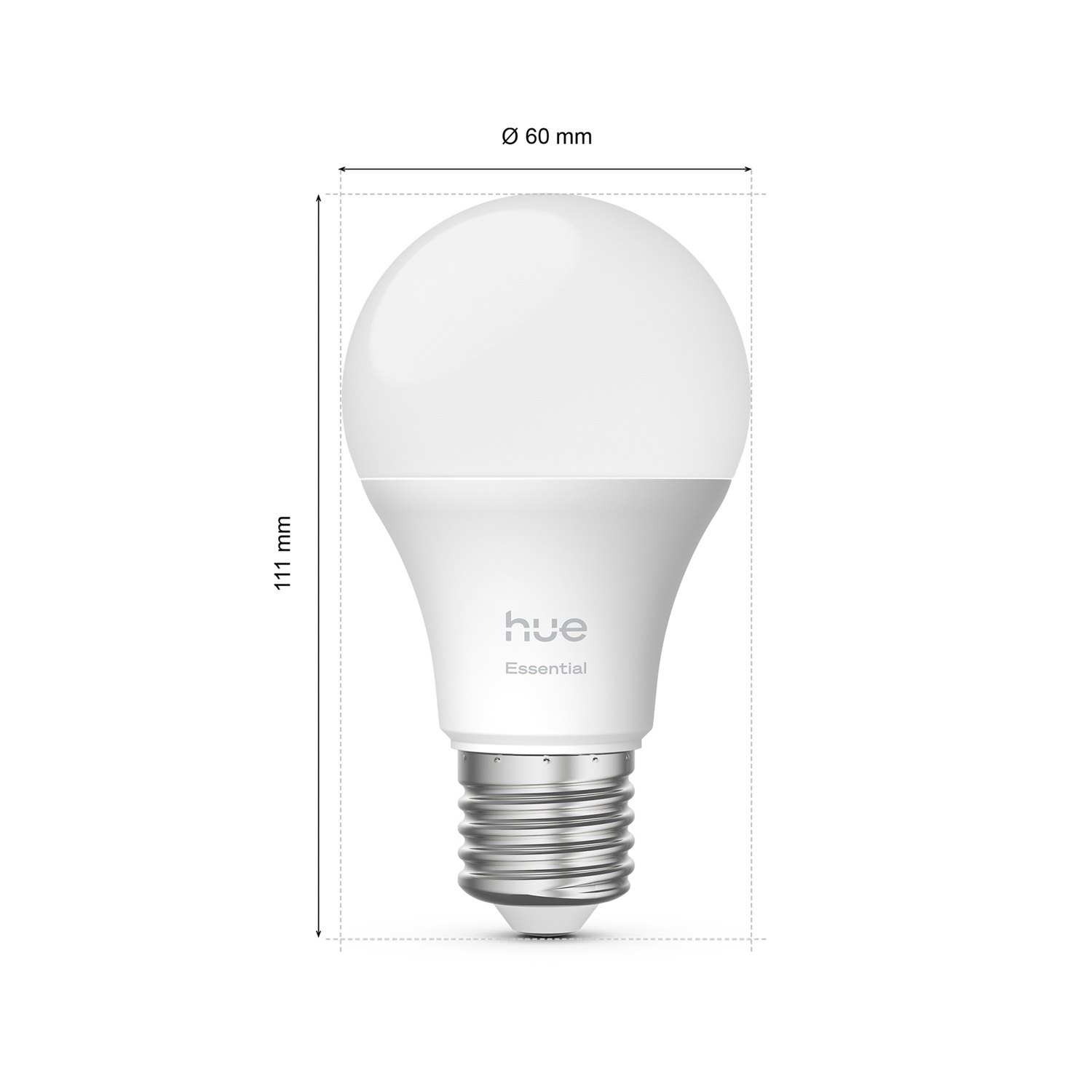 A white LED light bulb with a silver base. It has the 'hue essential' logo. Dimensions are 60mm diameter and 111mm height.