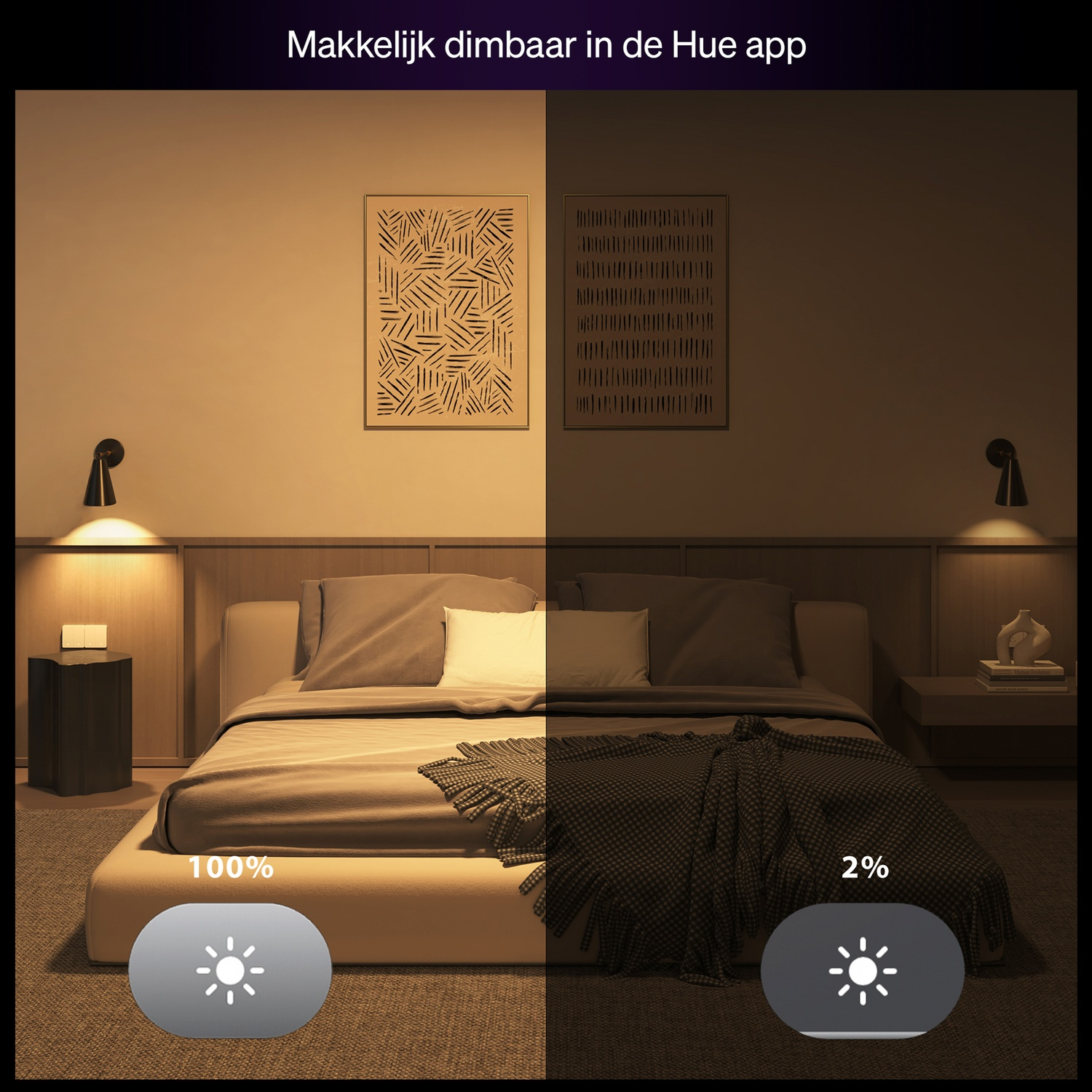 Split bedroom scene shows 100% and 2% light settings. Bed with pillows, art, lamps, and a blanket are visible.