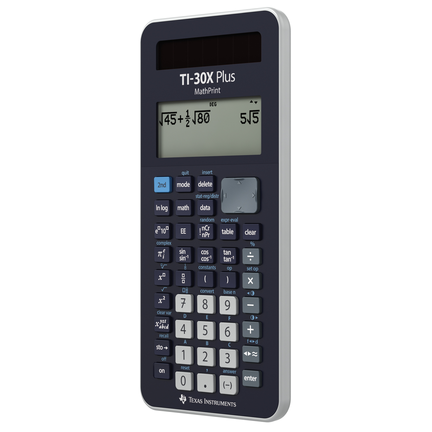Une calculatrice TI-30X Plus bleu foncé avec un cadre gris affiche des équations mathématiques sur son écran.