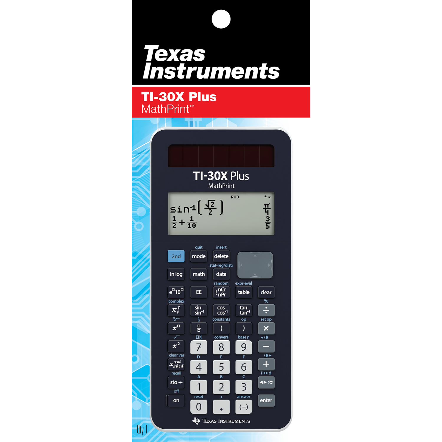 Une calculatrice TI-30X Plus MathPrint. Elle a un corps bleu foncé, un écran noir et de nombreux boutons.