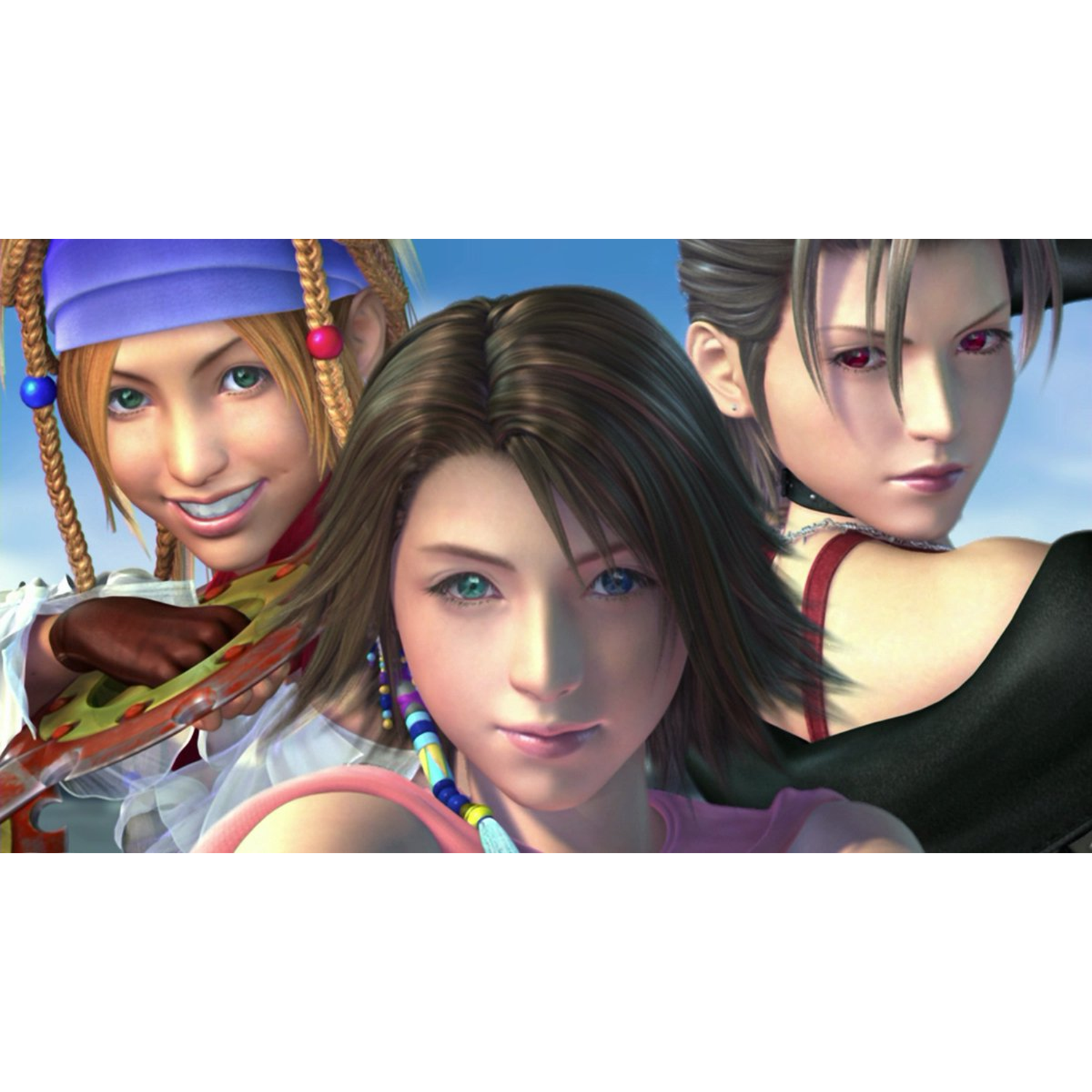 Three anime-style women. One smiling with a weapon. One with red eyes and a stern face. The middle woman has blue eyes and a gentle expression.