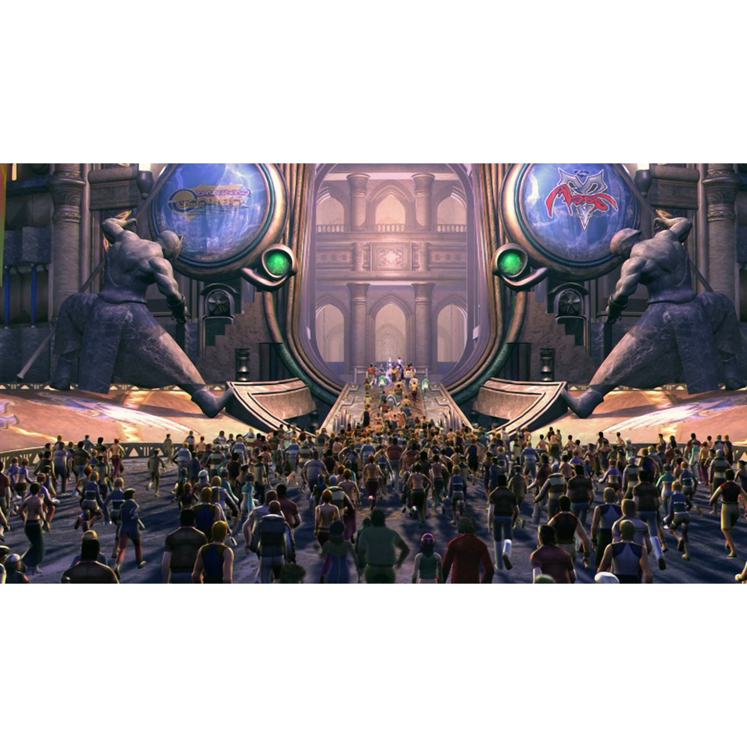 Large crowd walking towards a building with two statues. Logos and architectural elements are visible.