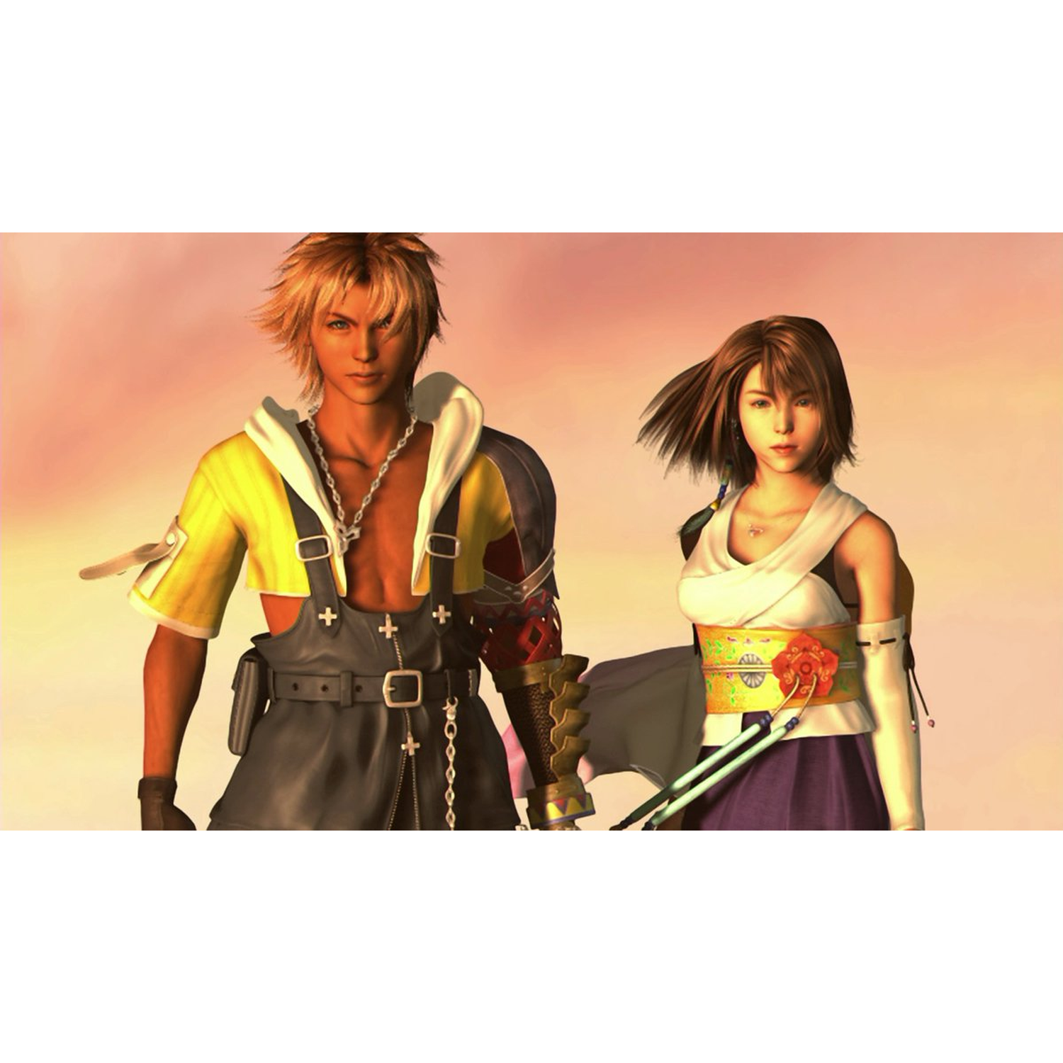 A man and a woman stand together. The man wears yellow and black clothing. The woman has a white top and purple skirt.