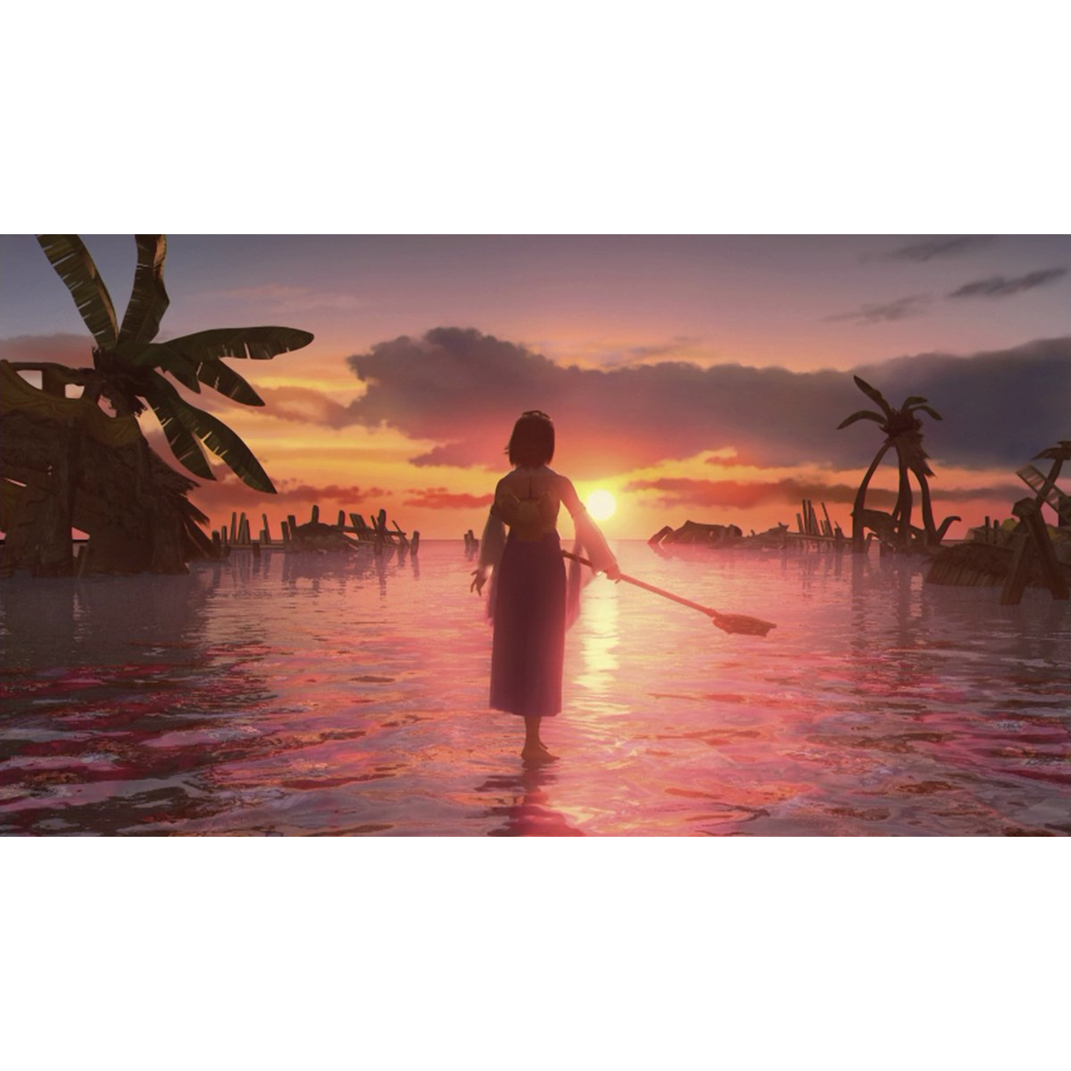 A person stands in water holding a paddle, silhouetted by a sunset. Palm trees and debris are in the water.