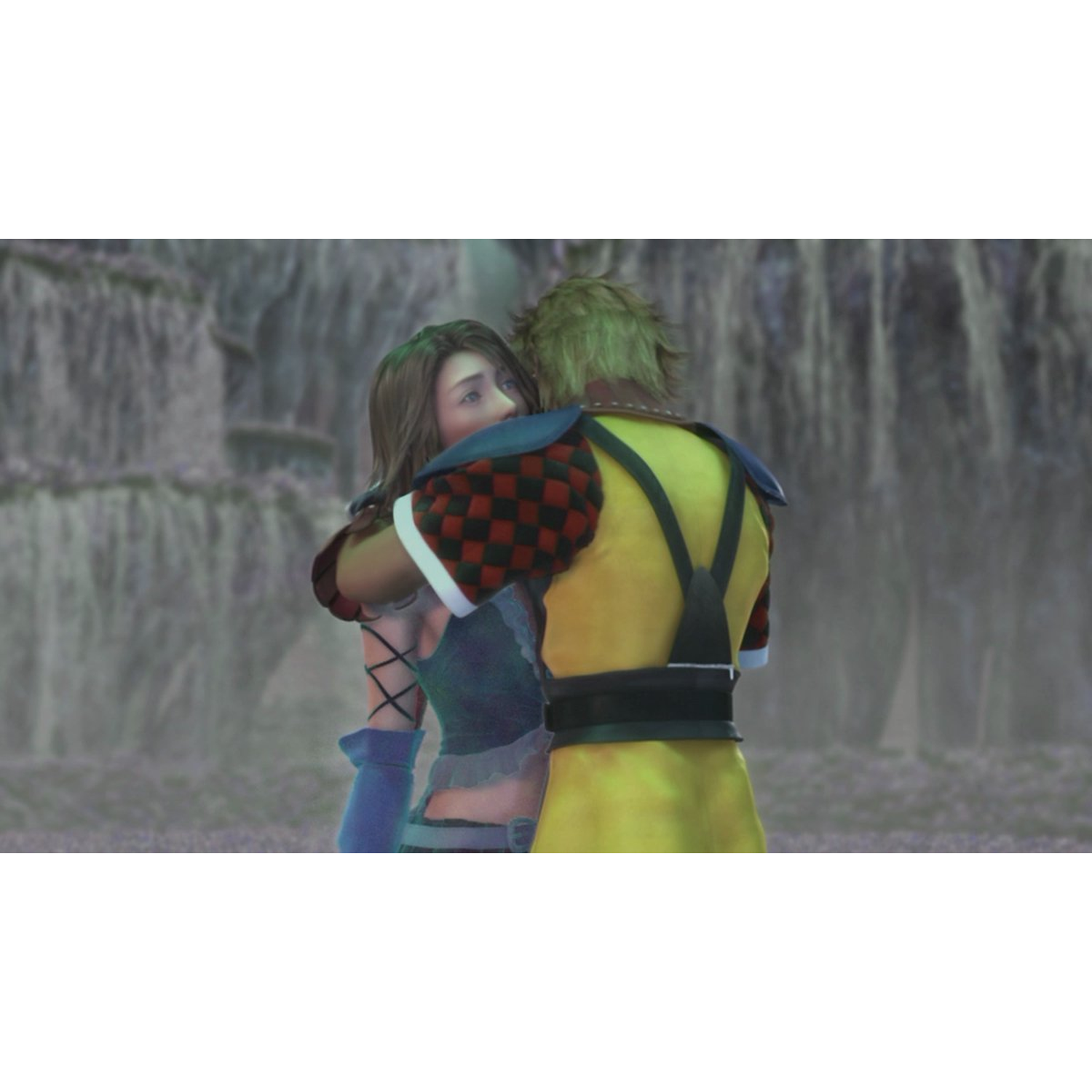 Two characters embrace. One wears a yellow jacket and red checkered sleeves. The other wears blue and green clothing. Background: waterfall.