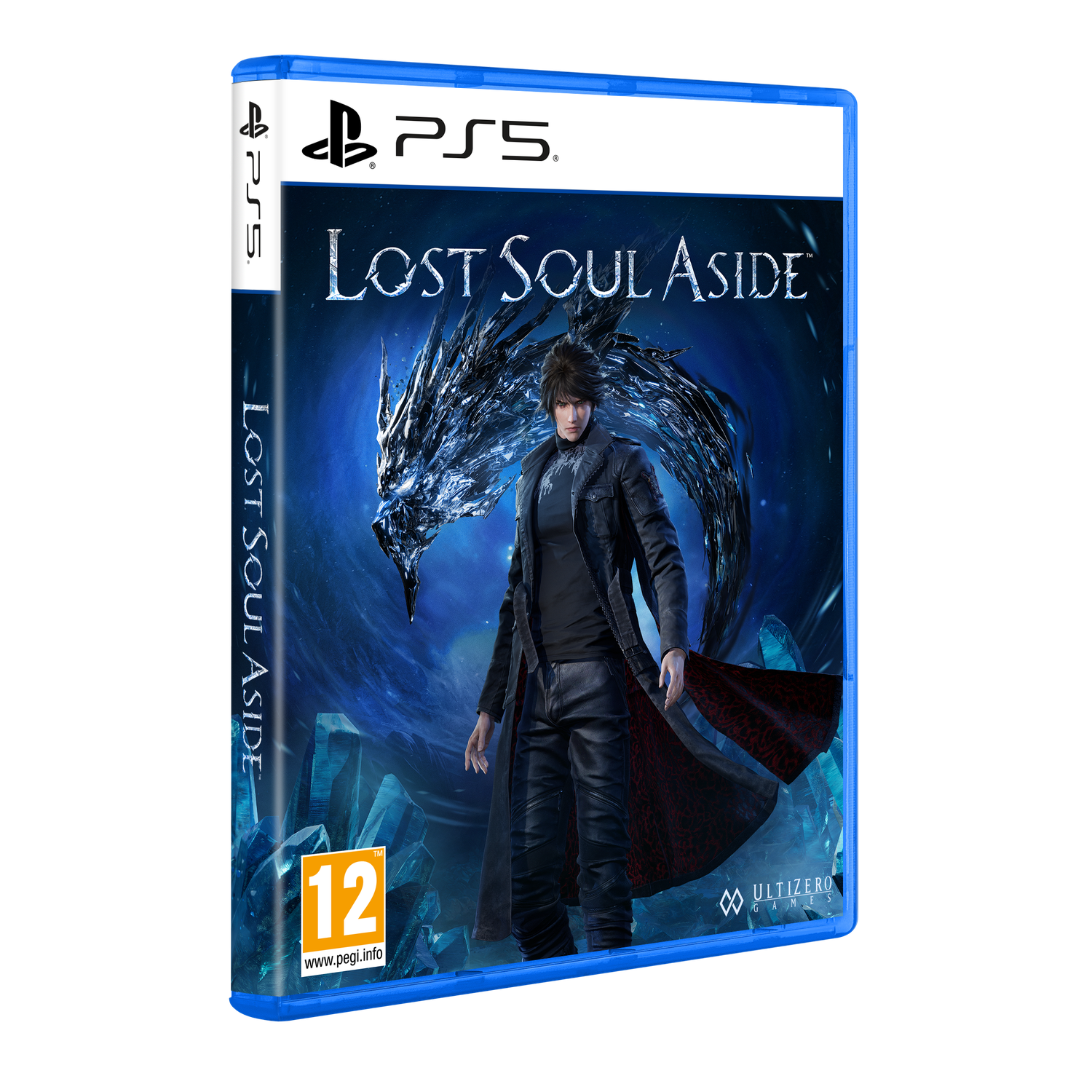Boîtier du jeu 'Lost Soul Aside'. Un homme en manteau noir devant un dragon. Logo PS5 visible. Classification PEGI 12 affichée.