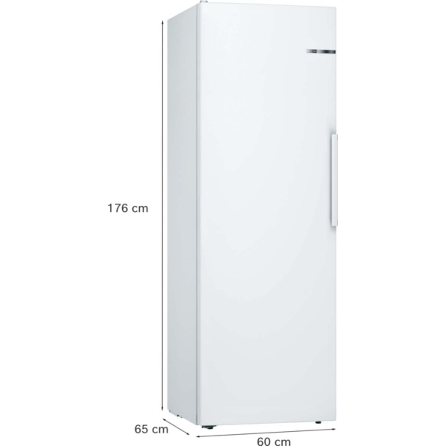 Een witte koelkast met aangegeven afmetingen. Hoogte 176 cm, breedte 60 cm en diepte 65 cm. Het heeft een handvat en een klein zilveren detail.