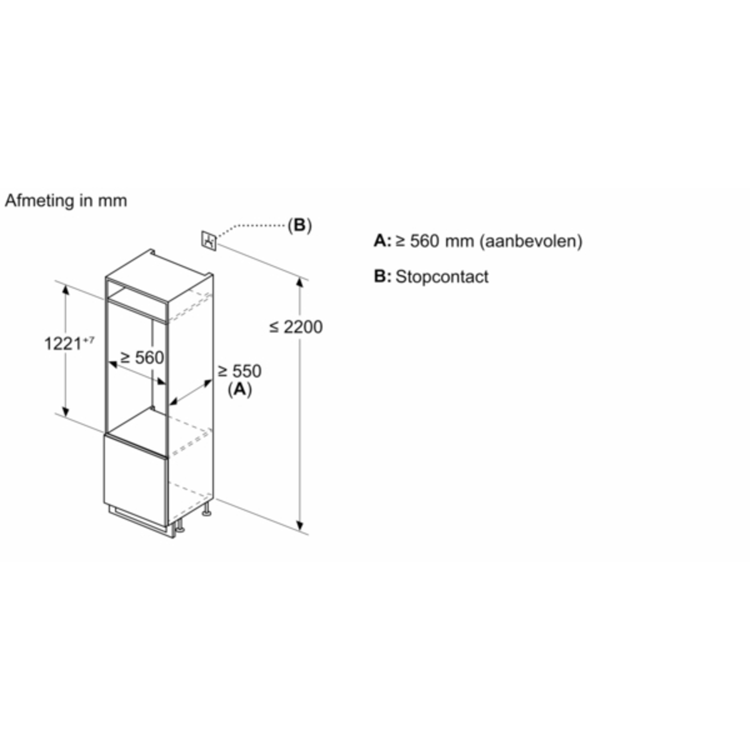 Diagram van een koelkast, met afmetingen in mm. Inclusief hoogte, breedte en diepte metingen, en labels.