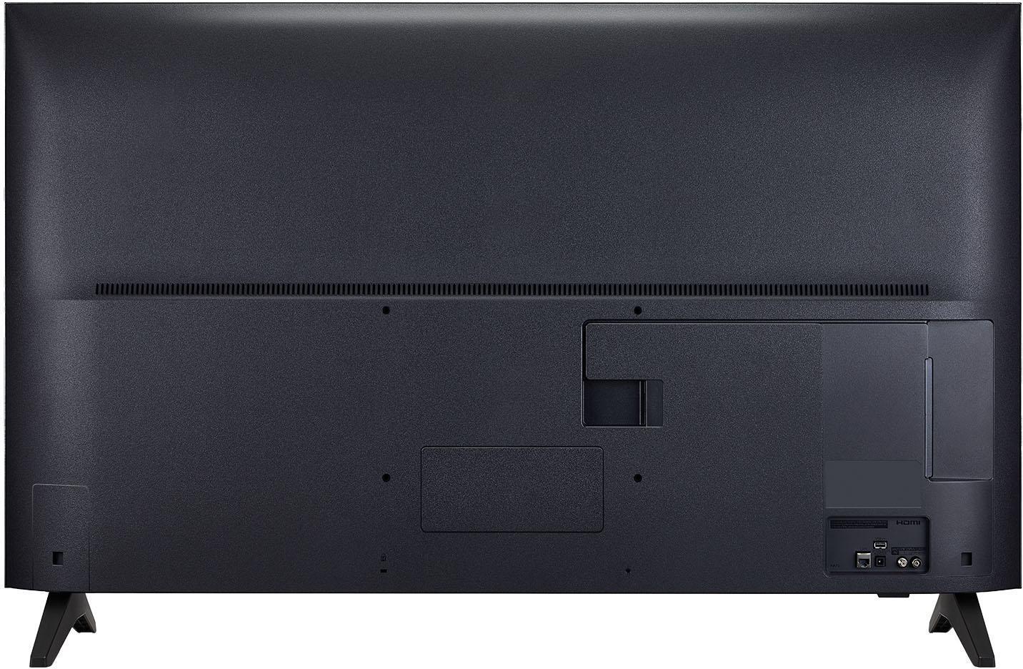 Rückseite eines schwarzen Fernsehers. Merkmale: Anschlüsse, Belüftung, Standbeine. Enthält HDMI, USB und Stromanschlüsse. Die Oberfläche ist matt.