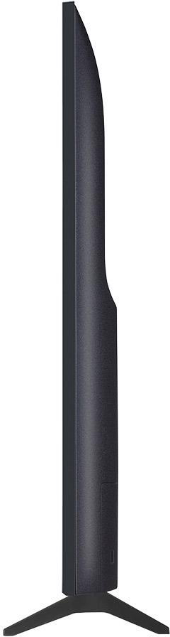 Eine schwarze Seitenansicht eines Fernsehers auf weißem Hintergrund. Der Fernseher hat einen dünnen Rahmen und einen Ständer. Der Bildschirm ist nicht sichtbar.