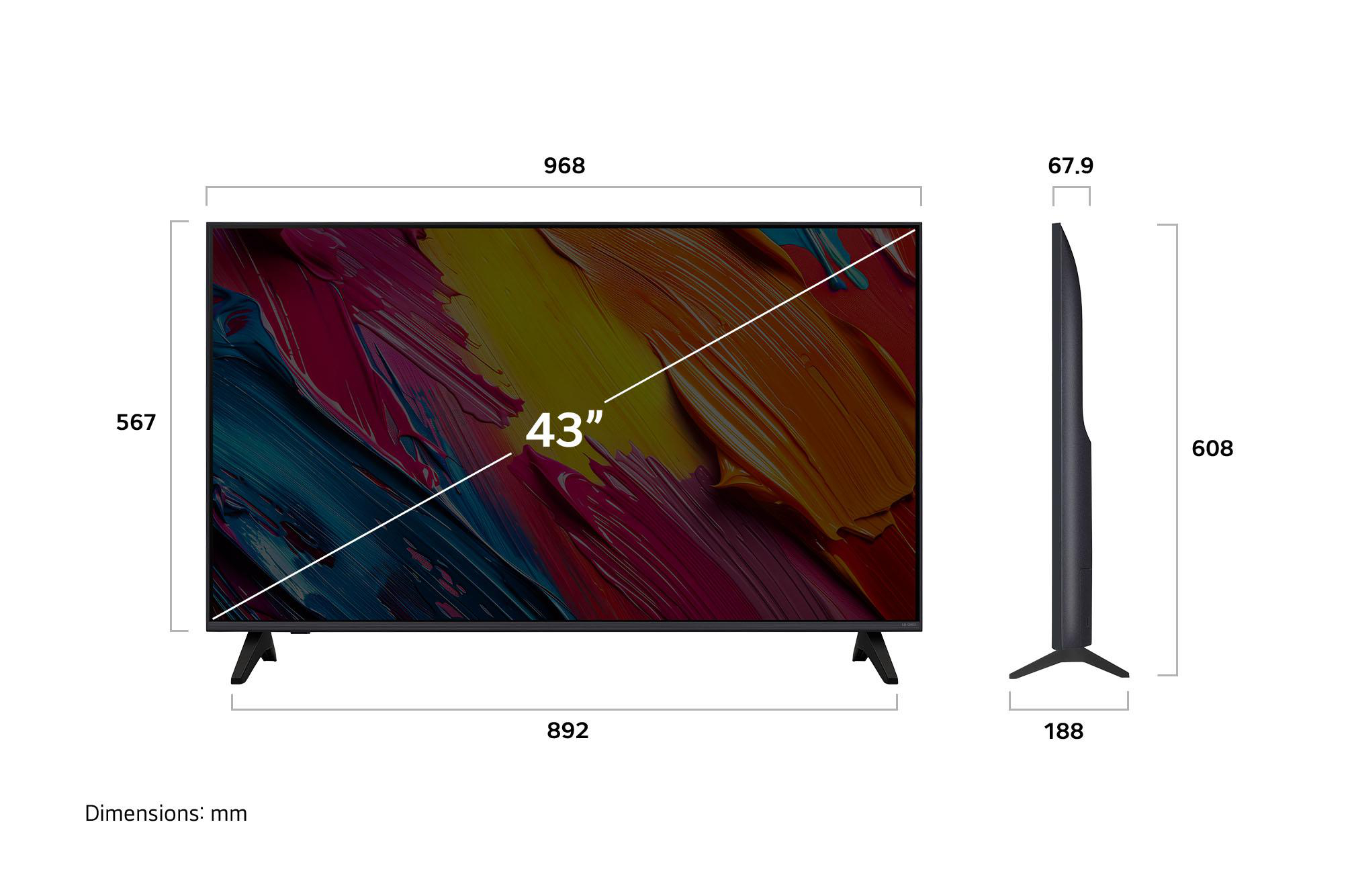 Ein 43-Zoll-Fernseher mit Abmessungen in mm. Der Bildschirm zeigt abstrakte, farbenfrohe Kunst. Maße: Breite 968 mm, Höhe 567 mm, Tiefe 67,9 mm, Ständer 188 mm.