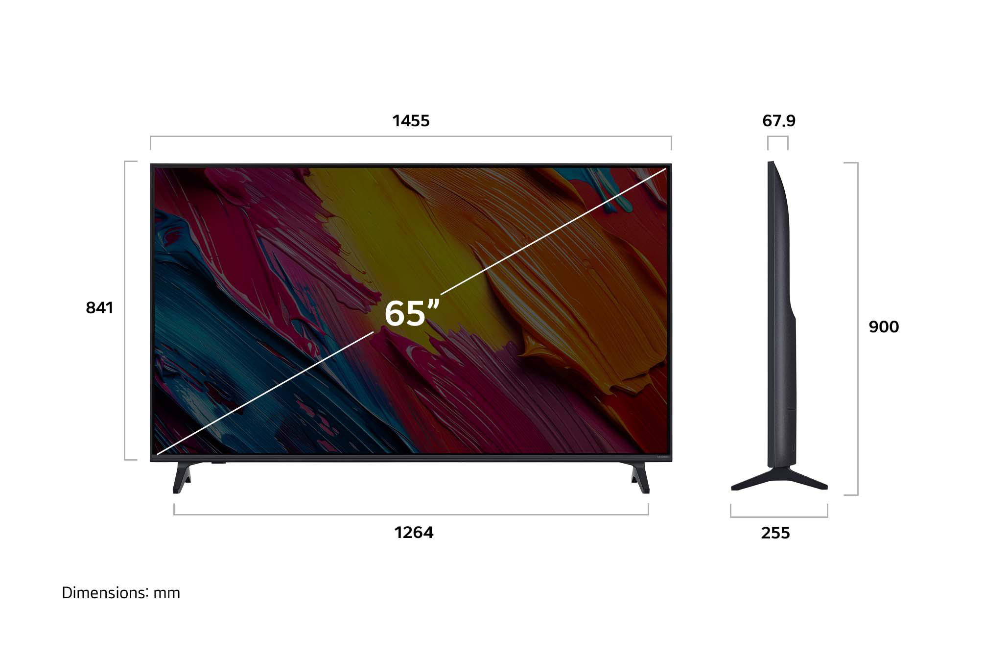 Ein 65"-Fernseher mit Maßangaben. Der Bildschirm zeigt ein abstraktes Gemälde. Maße: 1455 mm Breite, 841 mm Höhe, 900 mm Höhe mit Ständer.