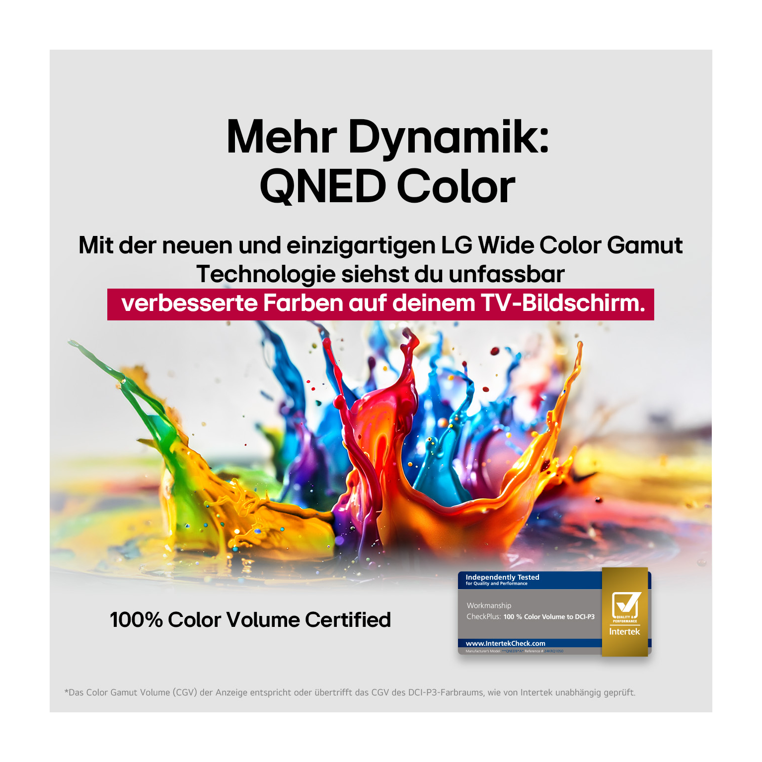 Das Bild zeigt farbenfrohe Farbspritzer. Der Text enthält 'QNED Color', '100% Color Volume Certified' und das Intertek-Logo.