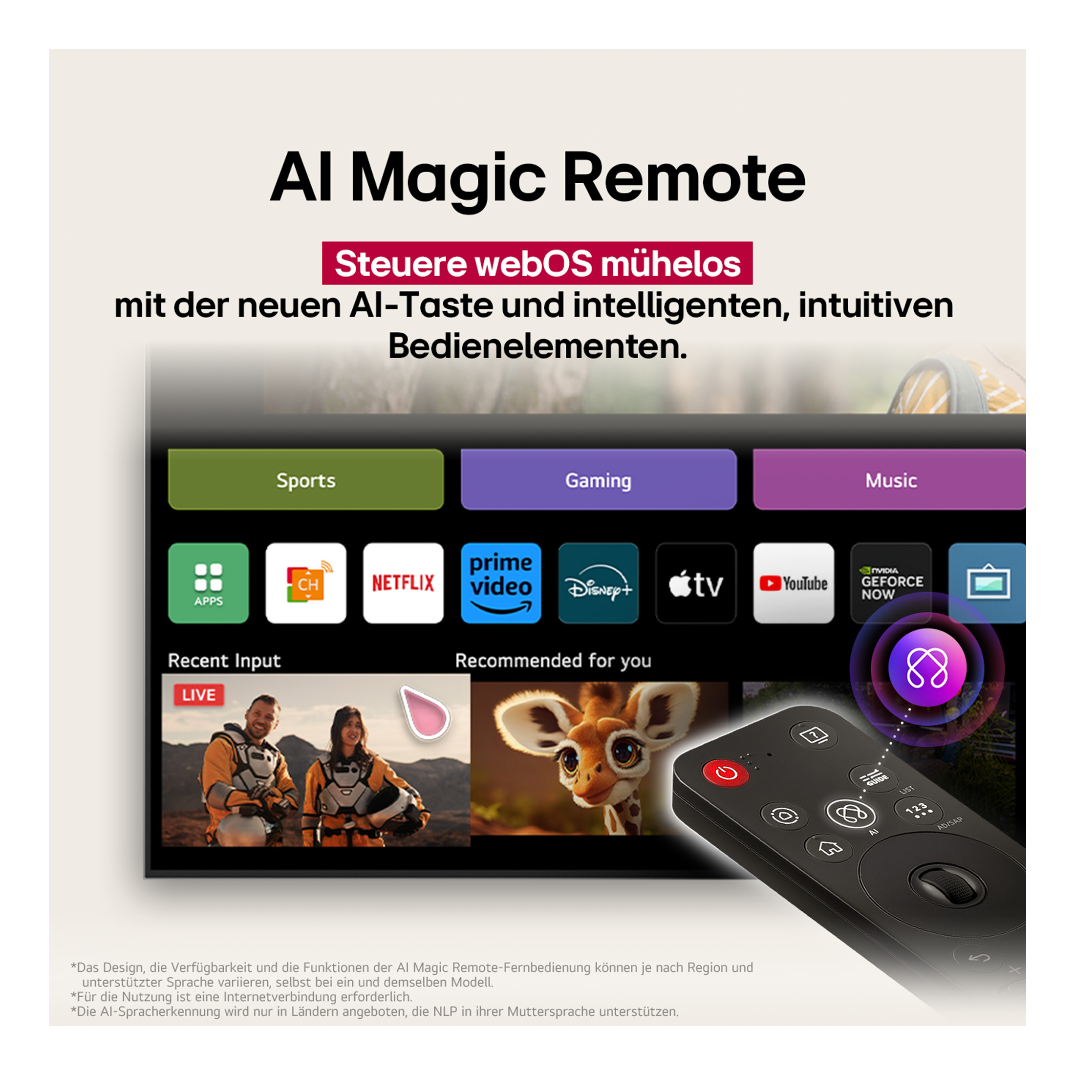TV-Bildschirm mit App-Symbolen, Fernbedienung und Text: AI Magic Remote.