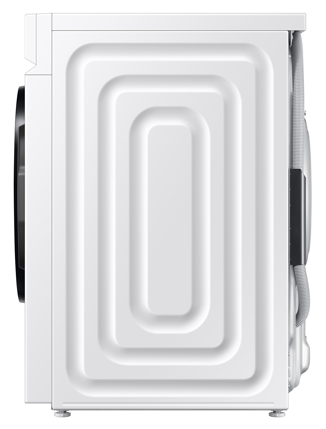 Widok z boku białej pralki. Tył jest teksturowany wzorem prostokątnym. Widoczny szary wąż i czarne elementy.