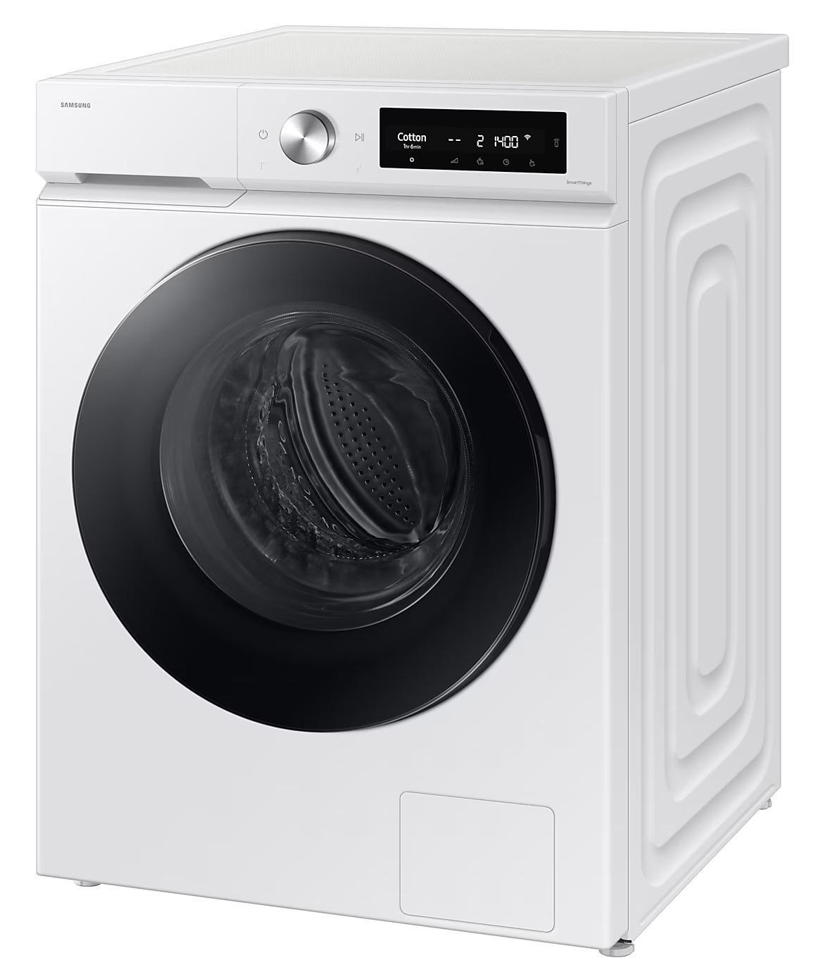 Biała pralka Samsung z czarnymi drzwiami. Posiada panel sterowania i pokrętło. Wyświetlany jest czas i ustawienia.
