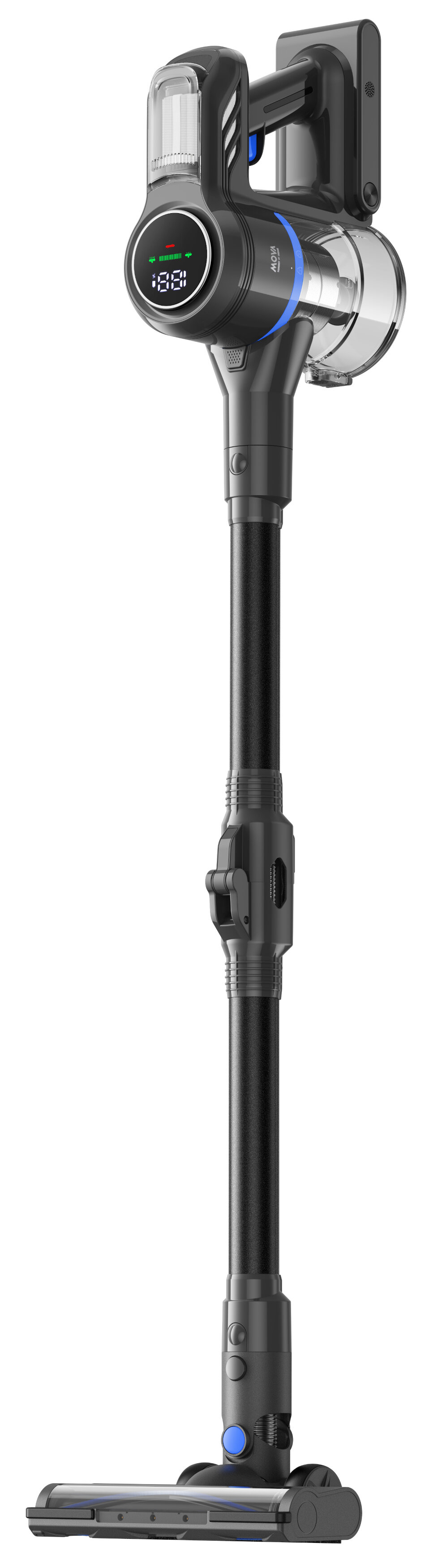 Czarno-szary odkurzacz bezprzewodowy na białym tle. Posiada cyfrowy wyświetlacz pokazujący żywotność baterii.