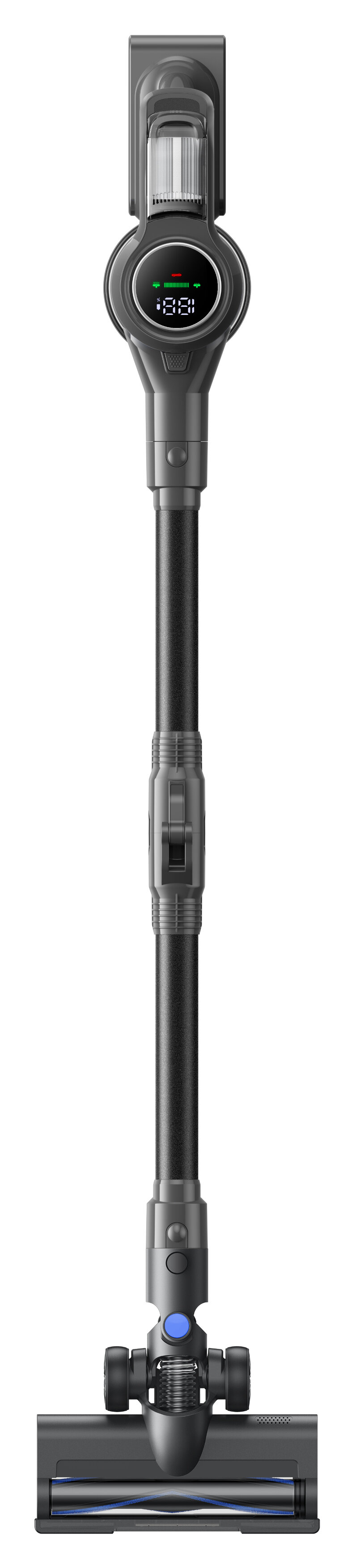 Czarny i szary odkurzacz bezprzewodowy. Posiada wyświetlacz cyfrowy, długi uchwyt i głowicę szczotkową.
