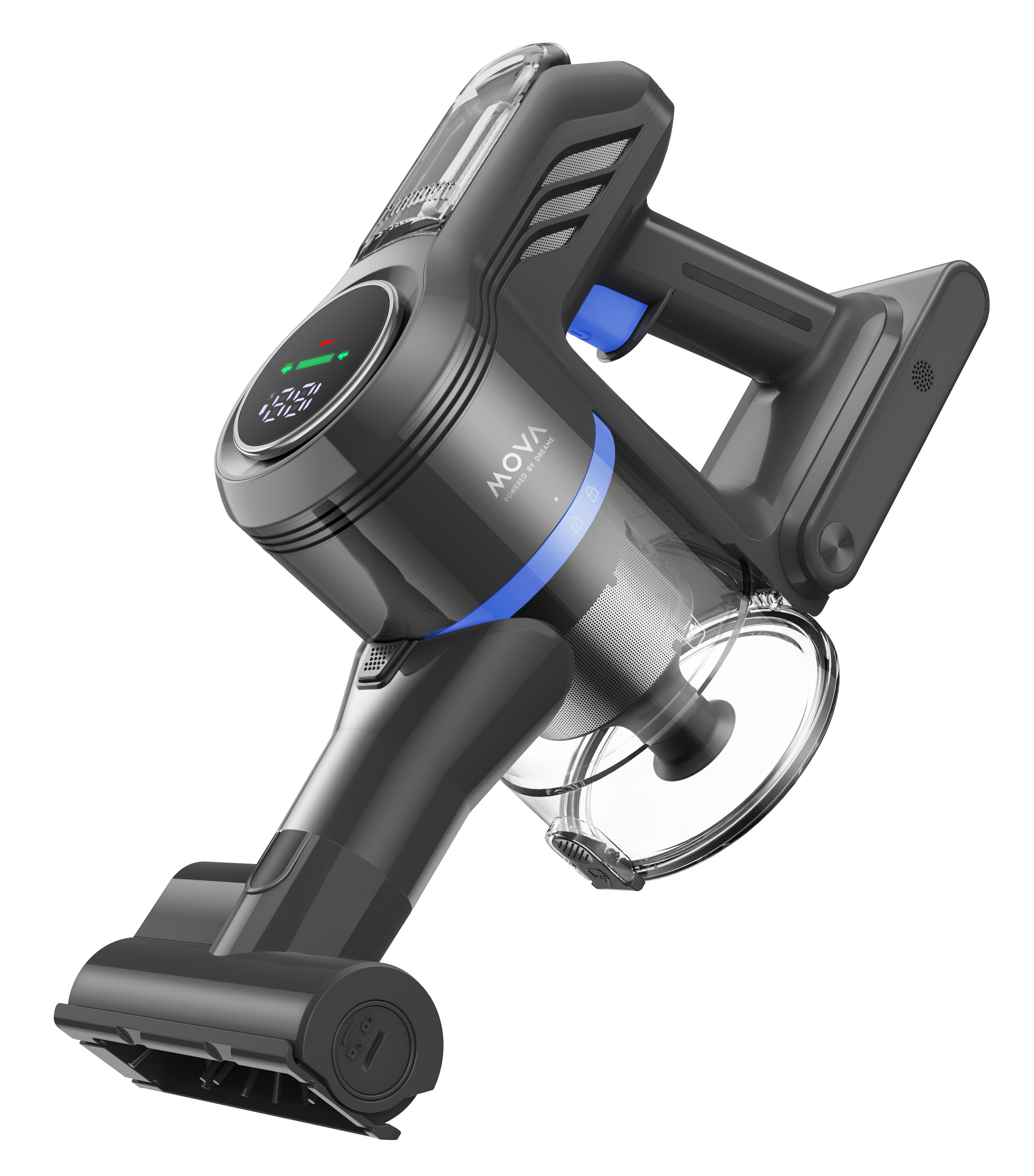 Odkurzacz bezprzewodowy, ciemnoszary z niebieskimi i przezroczystymi elementami, pokazany na białym tle, z góry.