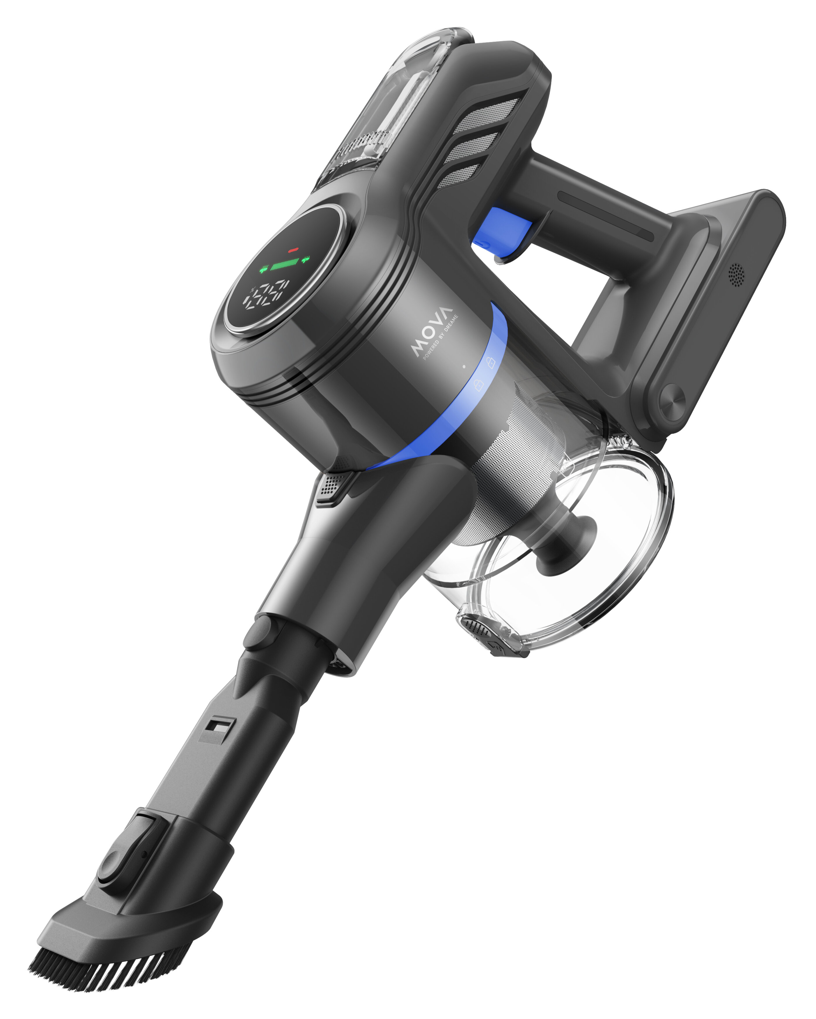 Czarny i szary odkurzacz bezprzewodowy z niebieskim akcentem. Odkurzacz ma wyświetlacz cyfrowy i głowicę szczotkową.