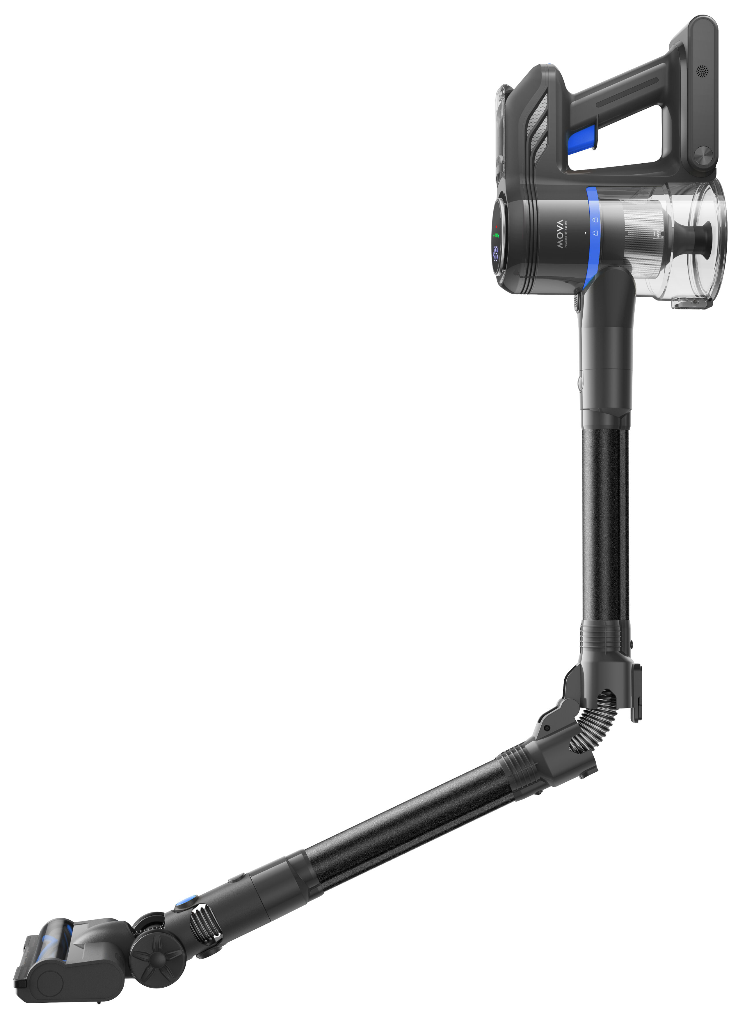 Czarny i szary odkurzacz bezprzewodowy na białym tle. Odkurzacz jest ustawiony pod kątem z długim uchwytem.